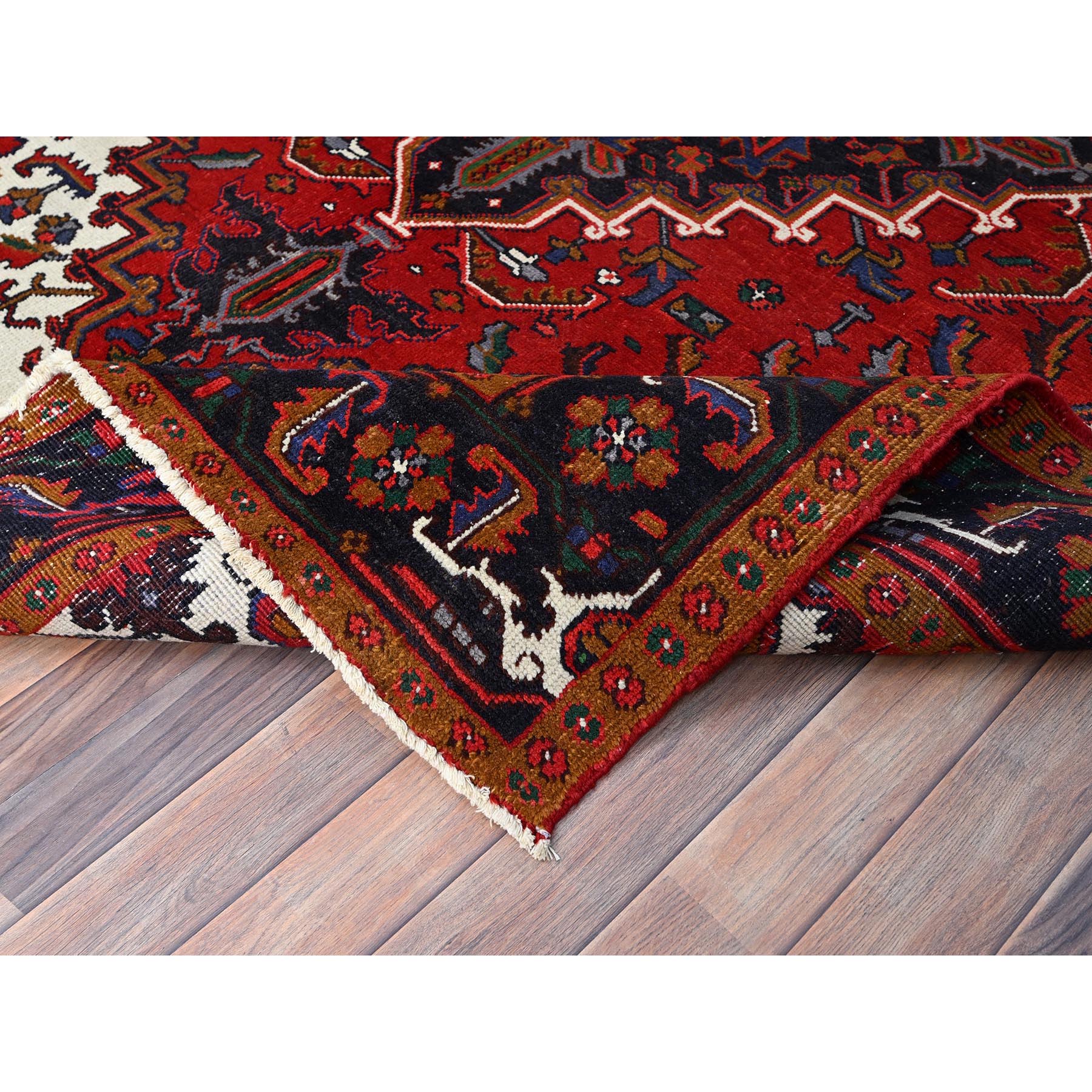 6'7"x9'2" Spanish Red, Semi Antique Persian Heriz, Organic Wool, Sides and Ends Professionally Secured, Cleaned, Hand Knotted Soft and Full Pile, Oriental Rug Sh85919