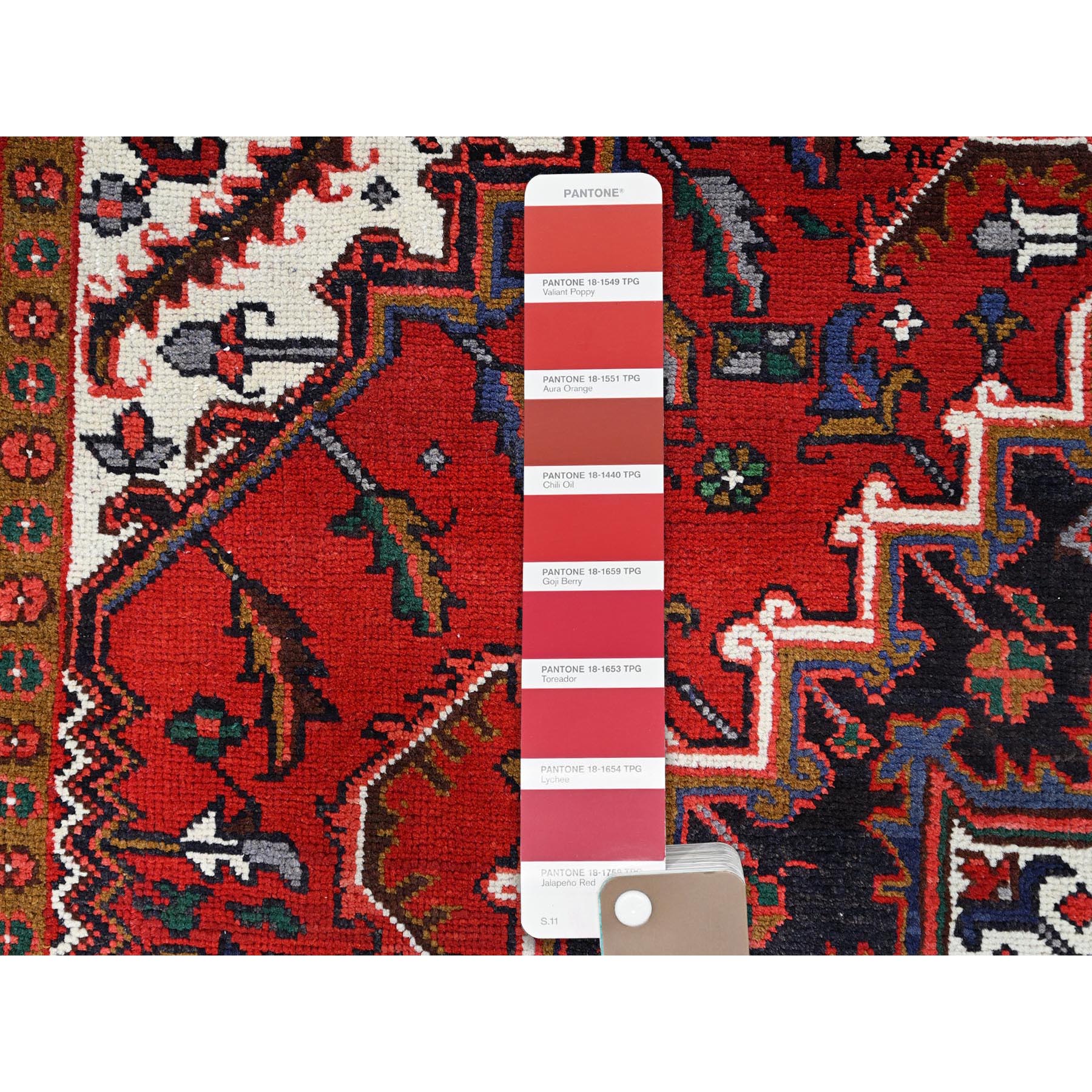 6'7"x9'2" Spanish Red, Semi Antique Persian Heriz, Organic Wool, Sides and Ends Professionally Secured, Cleaned, Hand Knotted Soft and Full Pile, Oriental Rug Sh85919