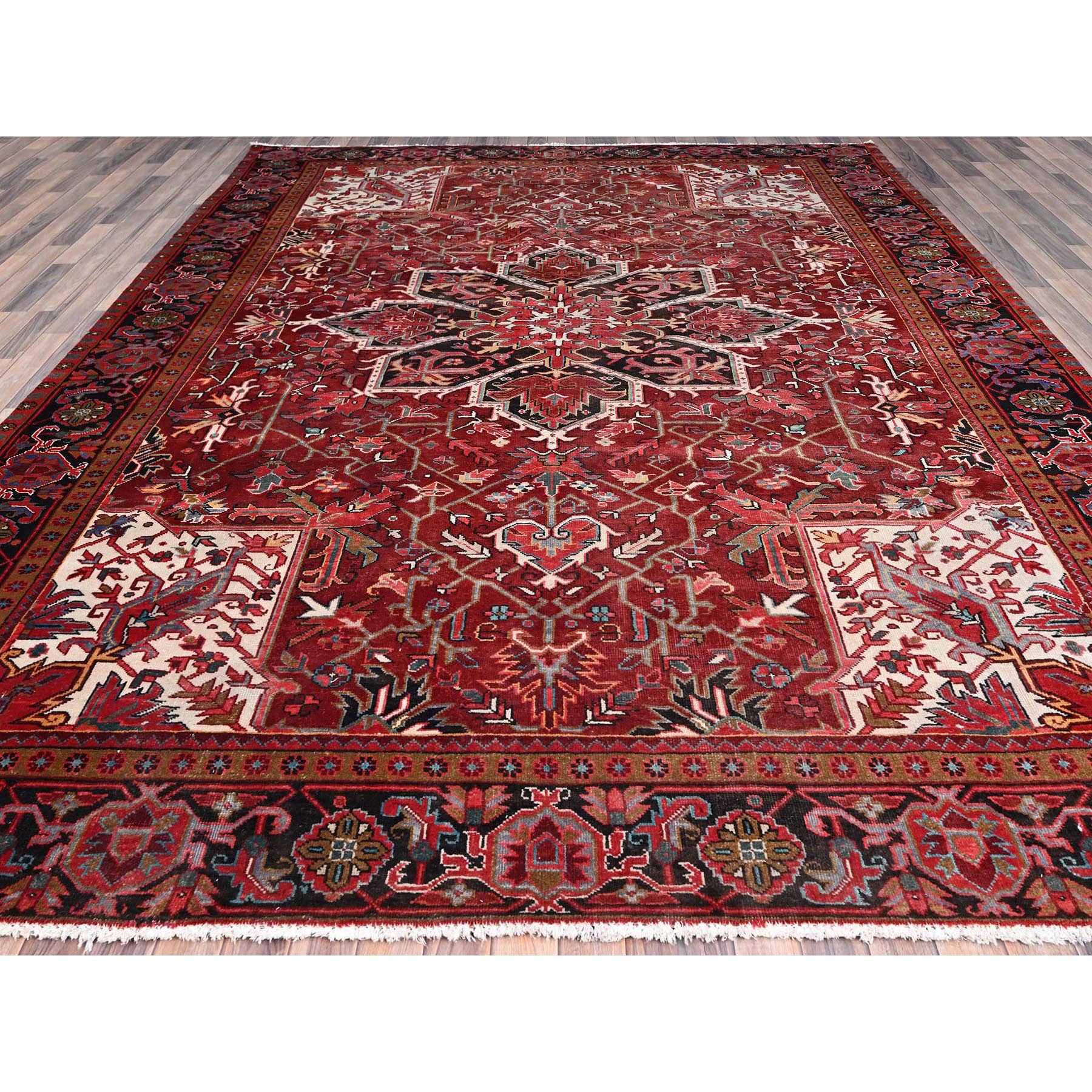 9'10"x12'5" Turkey Red, Hand Knotted Evenly Worn Wool, Vintage Persian Heriz, Good condition, Abrash, Sides and Ends Professionally Secured, Cleaned, Shaved Down Rustic Look, Oriental Rug Sh85920