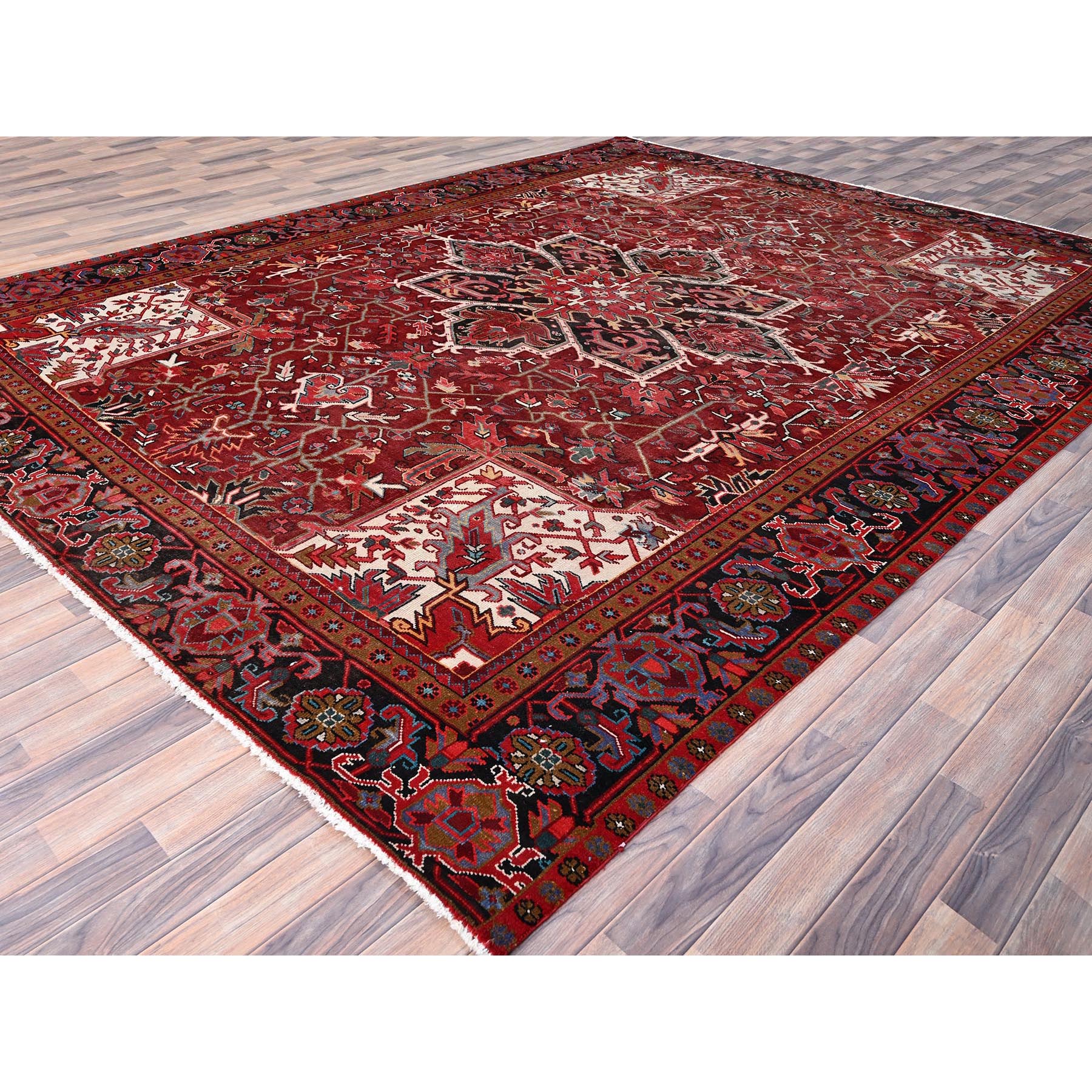 9'10"x12'5" Turkey Red, Hand Knotted Evenly Worn Wool, Vintage Persian Heriz, Good condition, Abrash, Sides and Ends Professionally Secured, Cleaned, Shaved Down Rustic Look, Oriental Rug Sh85920