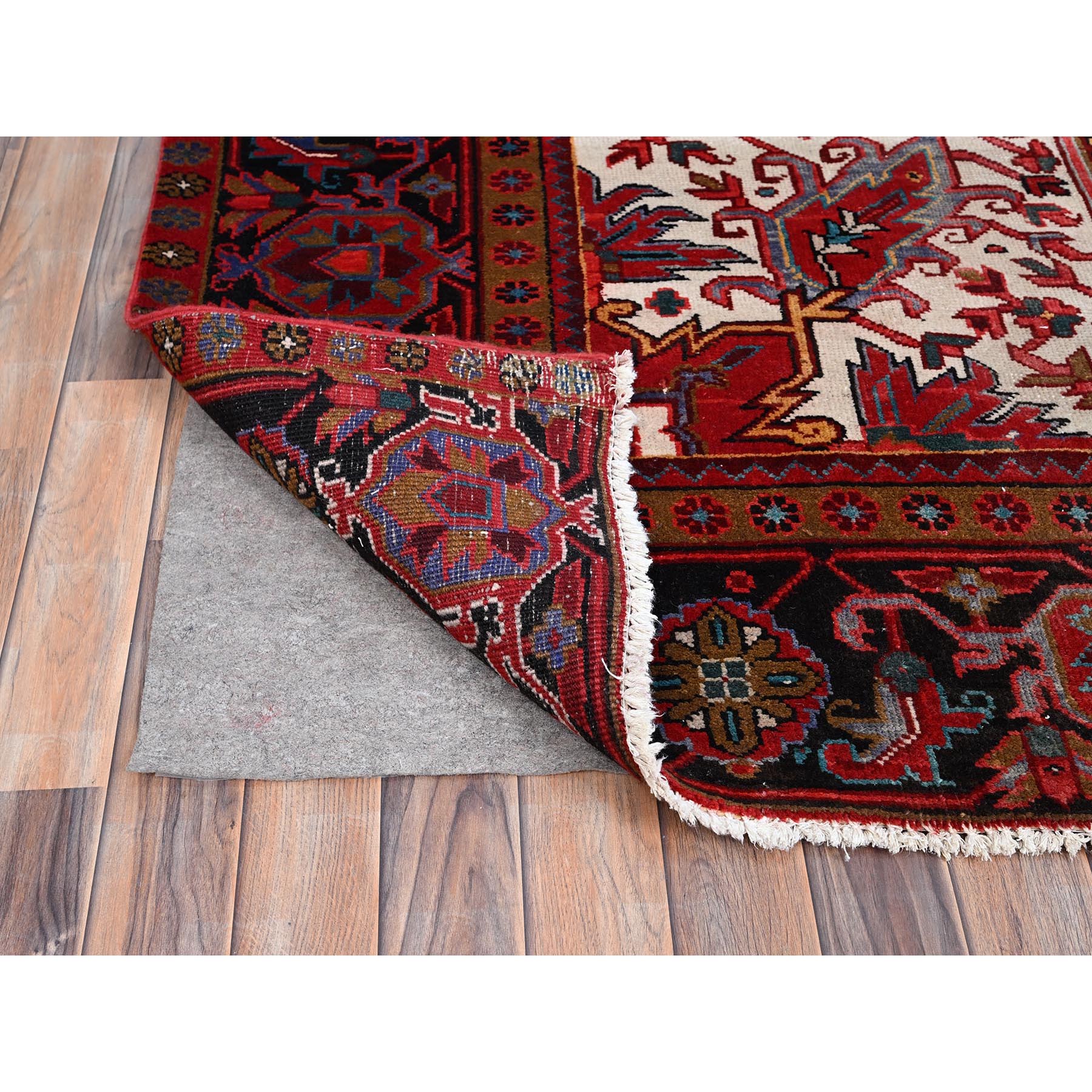 9'10"x12'5" Turkey Red, Hand Knotted Evenly Worn Wool, Vintage Persian Heriz, Good condition, Abrash, Sides and Ends Professionally Secured, Cleaned, Shaved Down Rustic Look, Oriental Rug Sh85920