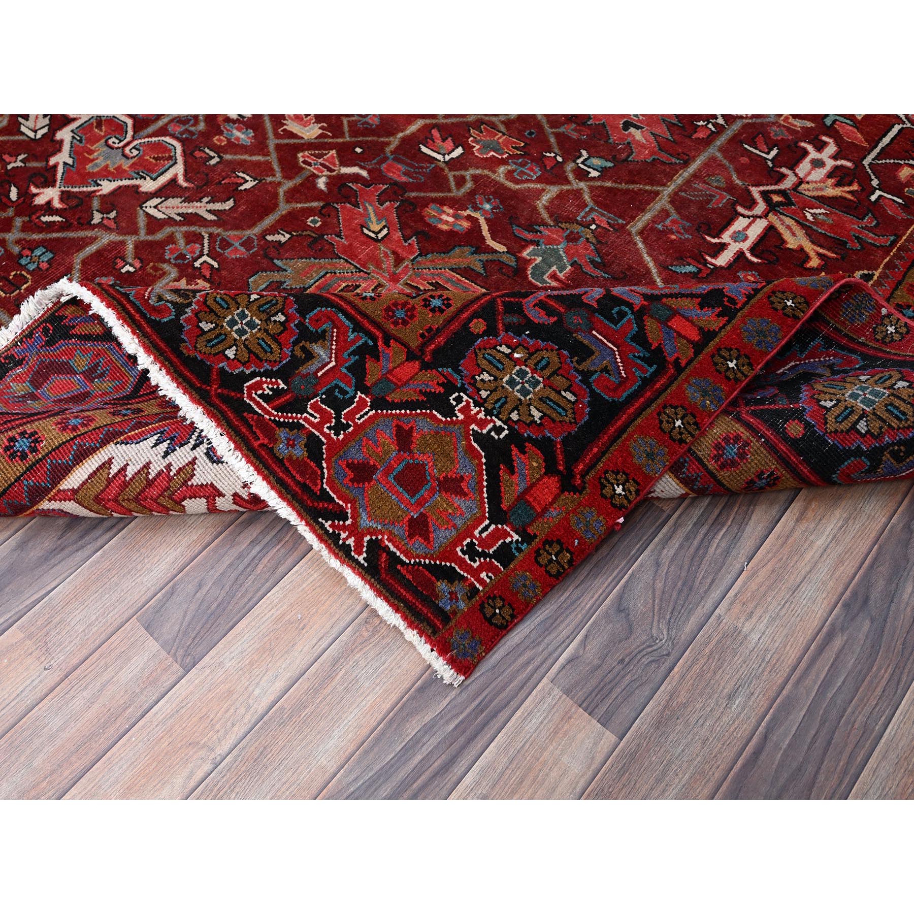 9'10"x12'5" Turkey Red, Hand Knotted Evenly Worn Wool, Vintage Persian Heriz, Good condition, Abrash, Sides and Ends Professionally Secured, Cleaned, Shaved Down Rustic Look, Oriental Rug Sh85920