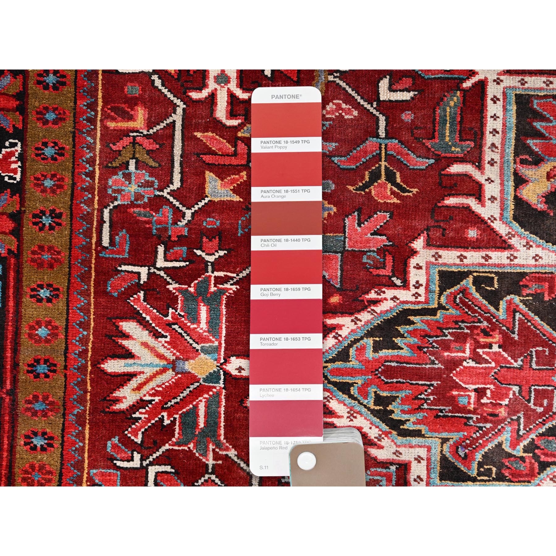 9'10"x12'5" Turkey Red, Hand Knotted Evenly Worn Wool, Vintage Persian Heriz, Good condition, Abrash, Sides and Ends Professionally Secured, Cleaned, Shaved Down Rustic Look, Oriental Rug Sh85920
