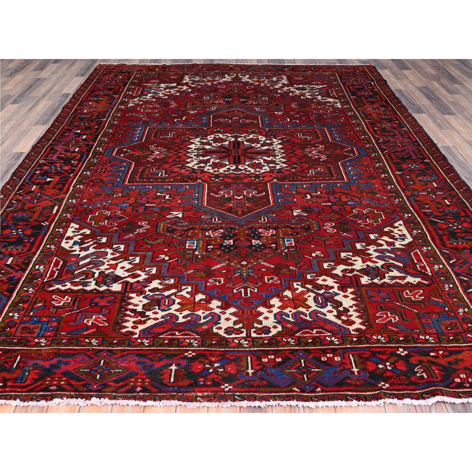 8'x11' Upsdell Red, Hand Knotted Abrash Semi Antique Persian All Over Heriz Design, Good condition, Sides and Ends Professionally Secured, Cleaned, Oriental Pure Wool Rug Sh85921