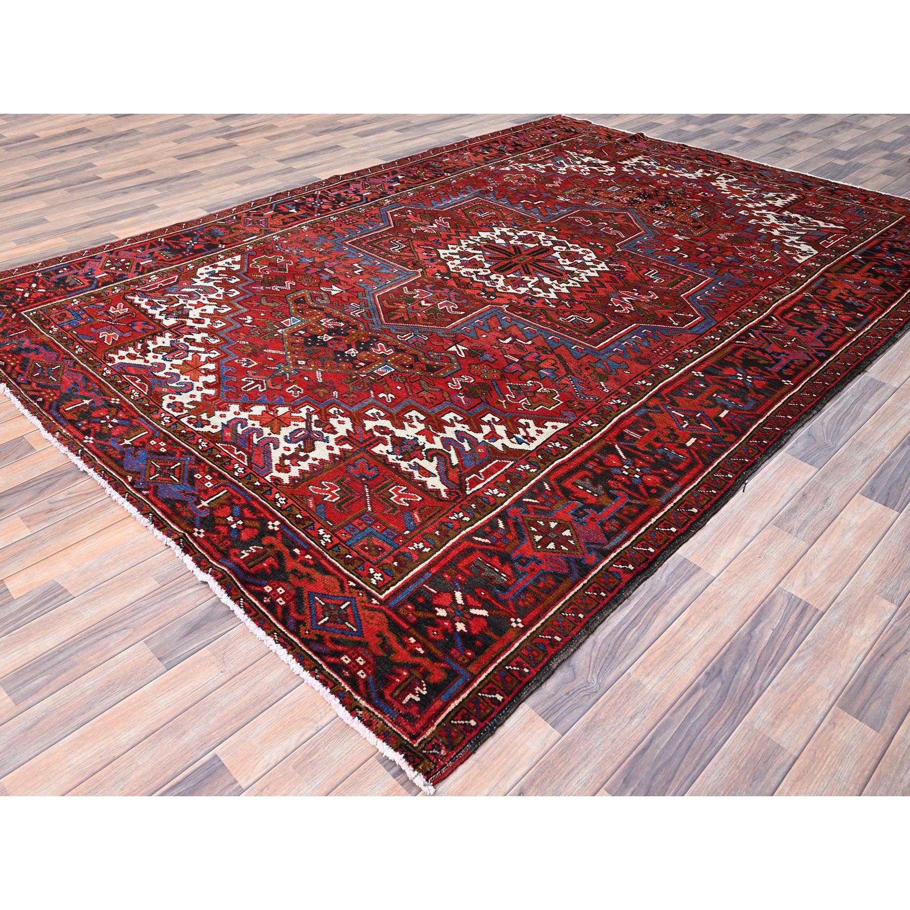 8'x11' Upsdell Red, Hand Knotted Abrash Semi Antique Persian All Over Heriz Design, Good condition, Sides and Ends Professionally Secured, Cleaned, Oriental Pure Wool Rug Sh85921