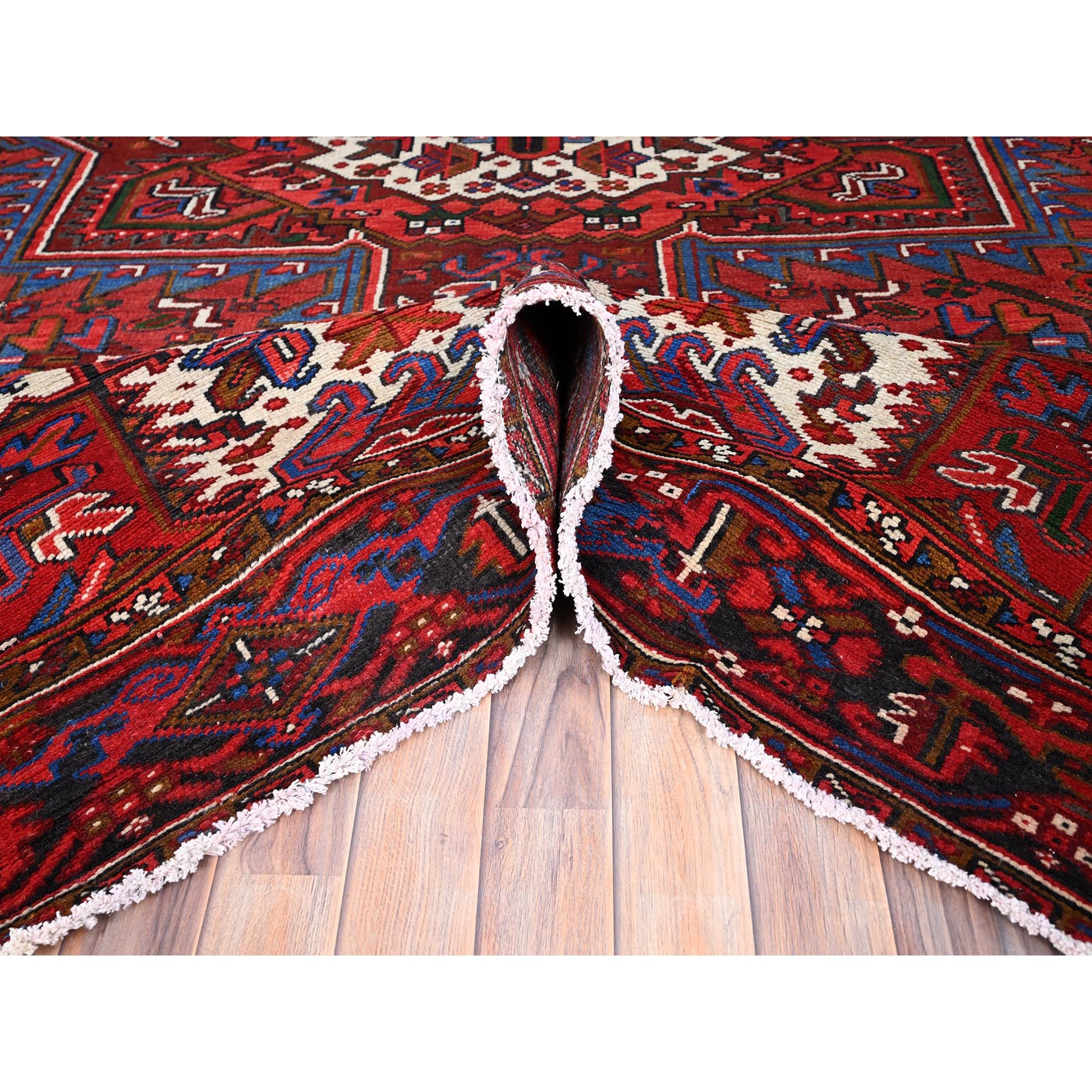 8'x11' Upsdell Red, Hand Knotted Abrash Semi Antique Persian All Over Heriz Design, Good condition, Sides and Ends Professionally Secured, Cleaned, Oriental Pure Wool Rug Sh85921