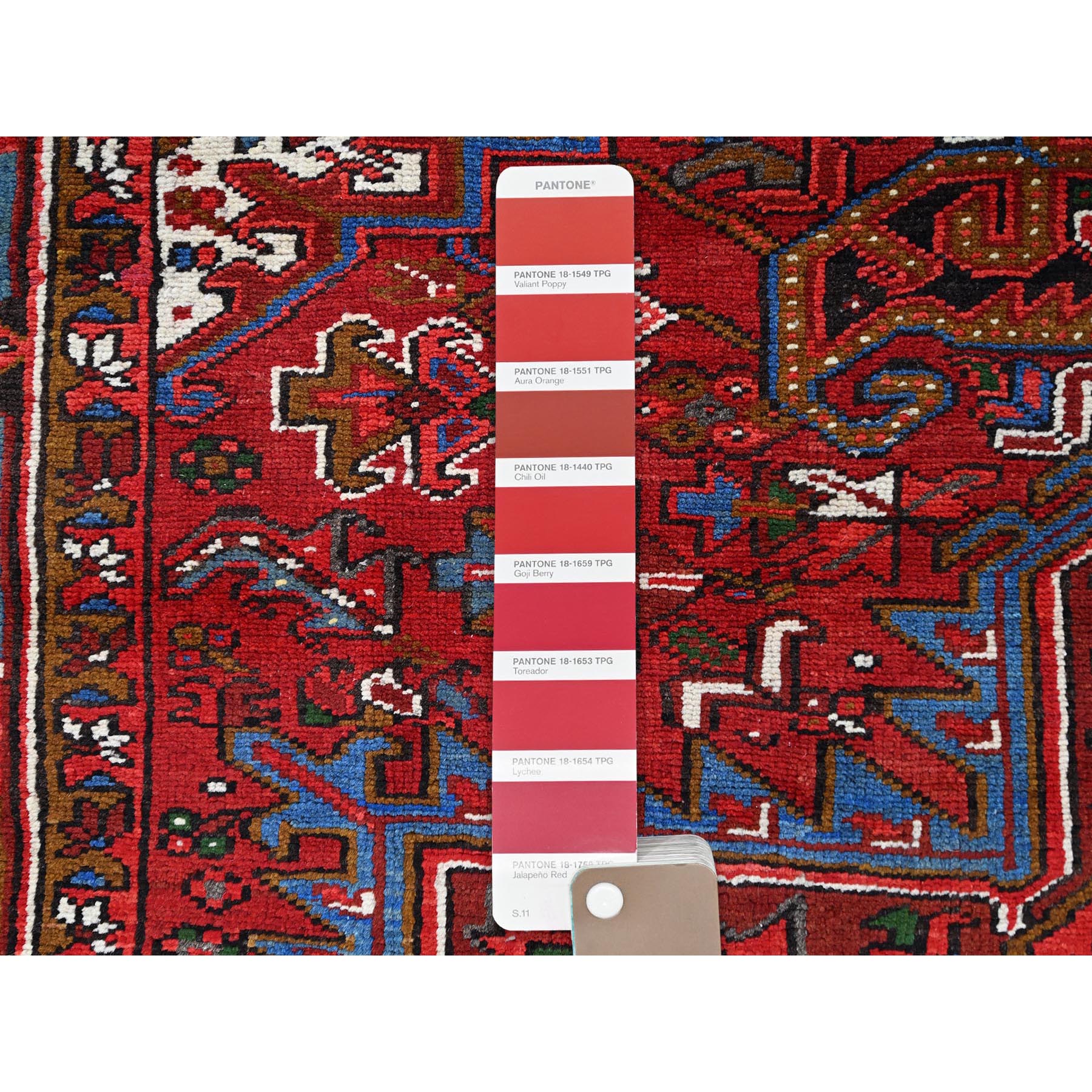 8'x11' Upsdell Red, Hand Knotted Abrash Semi Antique Persian All Over Heriz Design, Good condition, Sides and Ends Professionally Secured, Cleaned, Oriental Pure Wool Rug Sh85921