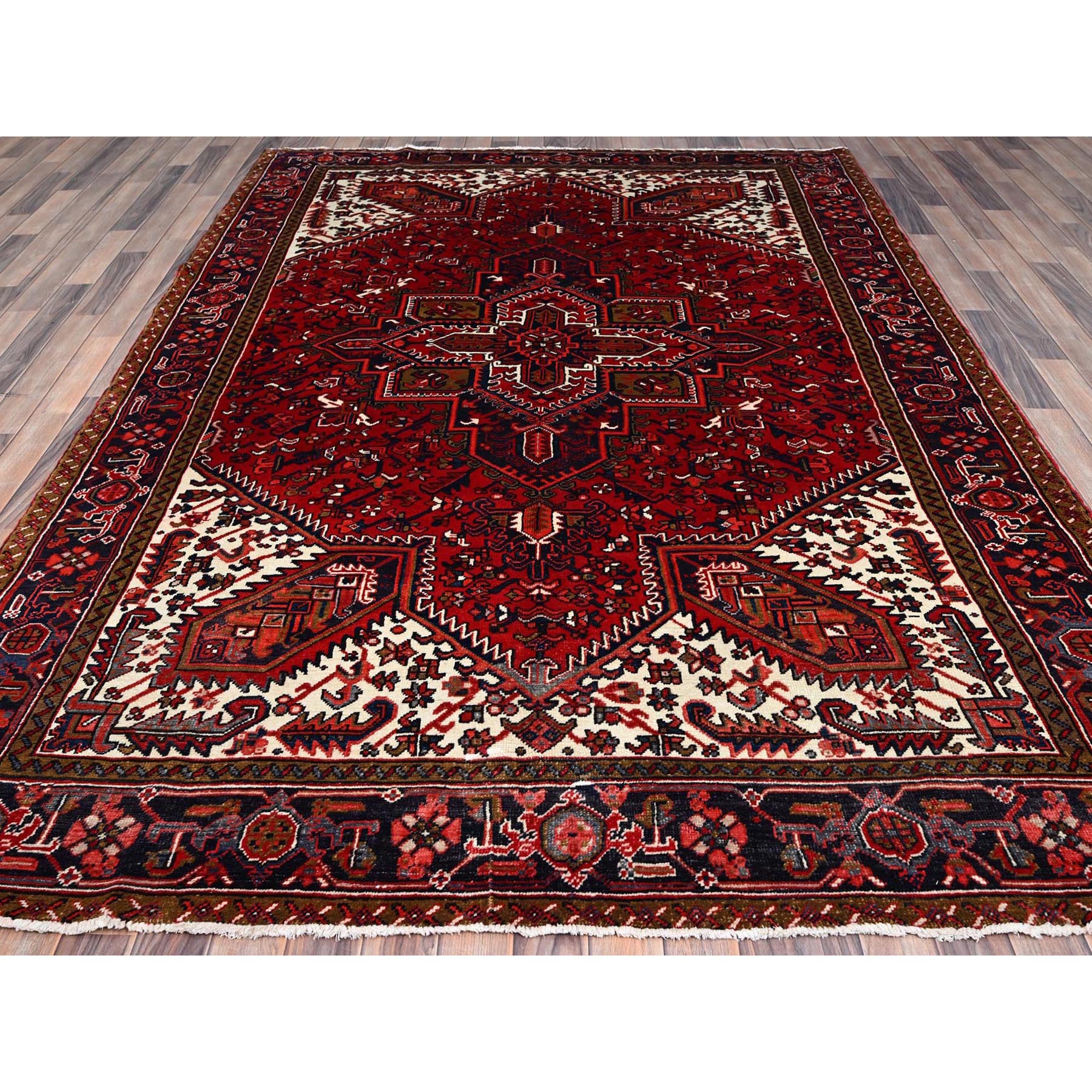 7'x10' Candy Apple Red, Sides and Ends Professionally Secured, Cleaned, Semi Antique Evenly Worn Persian Heriz, Good Condition, Natural Wool, Hand Knotted, Oriental Rug Sh85923
