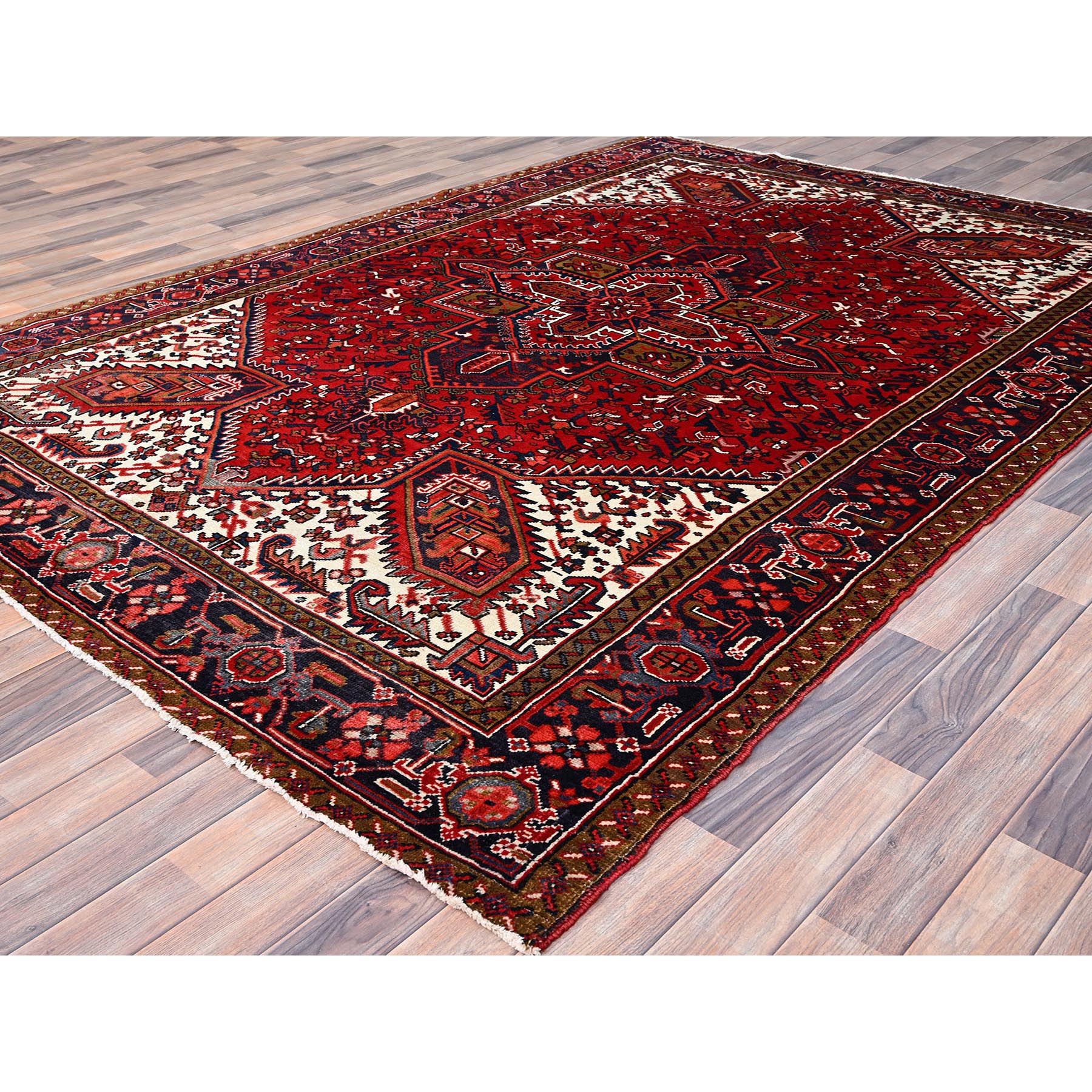 7'x10' Candy Apple Red, Sides and Ends Professionally Secured, Cleaned, Semi Antique Evenly Worn Persian Heriz, Good Condition, Natural Wool, Hand Knotted, Oriental Rug Sh85923