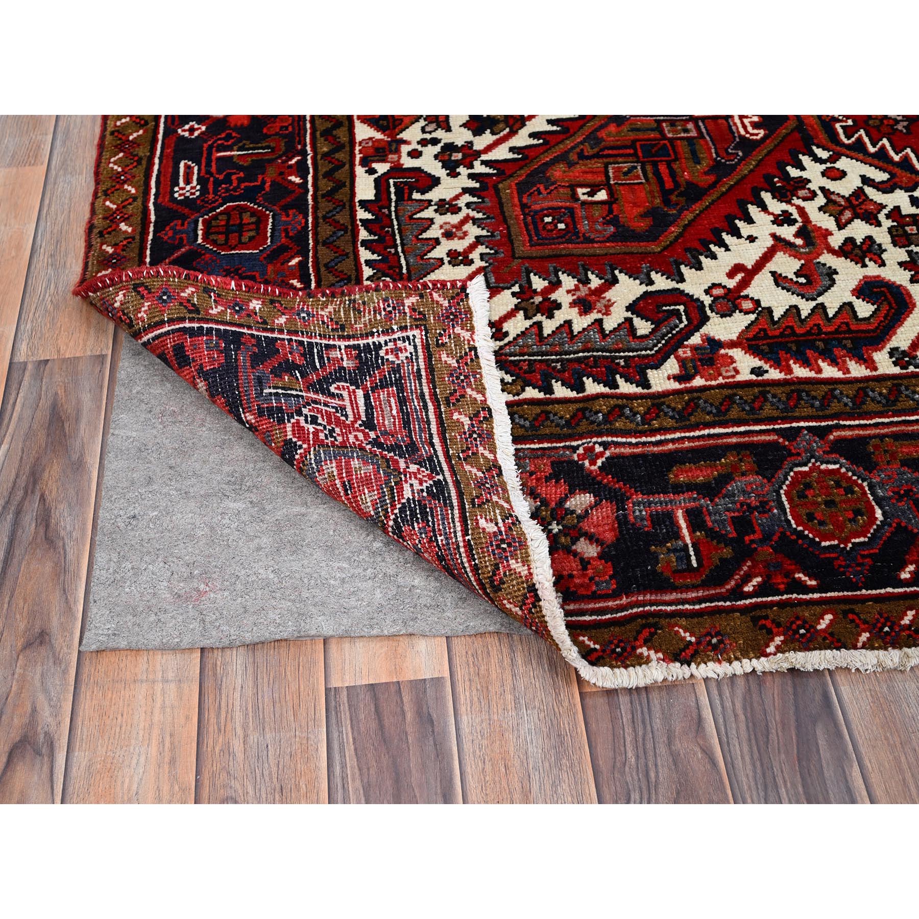 7'x10' Candy Apple Red, Sides and Ends Professionally Secured, Cleaned, Semi Antique Evenly Worn Persian Heriz, Good Condition, Natural Wool, Hand Knotted, Oriental Rug Sh85923