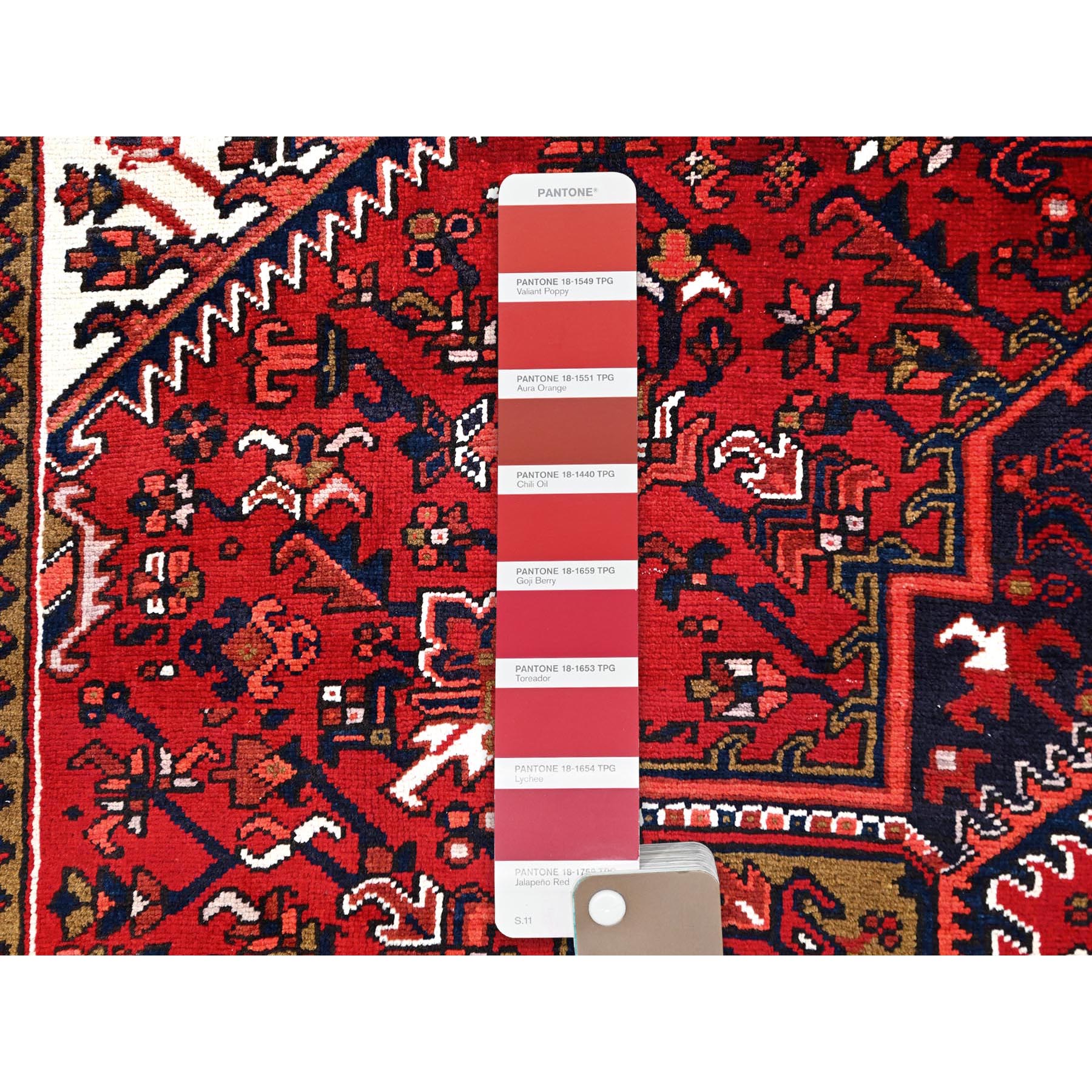 7'x10' Candy Apple Red, Sides and Ends Professionally Secured, Cleaned, Semi Antique Evenly Worn Persian Heriz, Good Condition, Natural Wool, Hand Knotted, Oriental Rug Sh85923