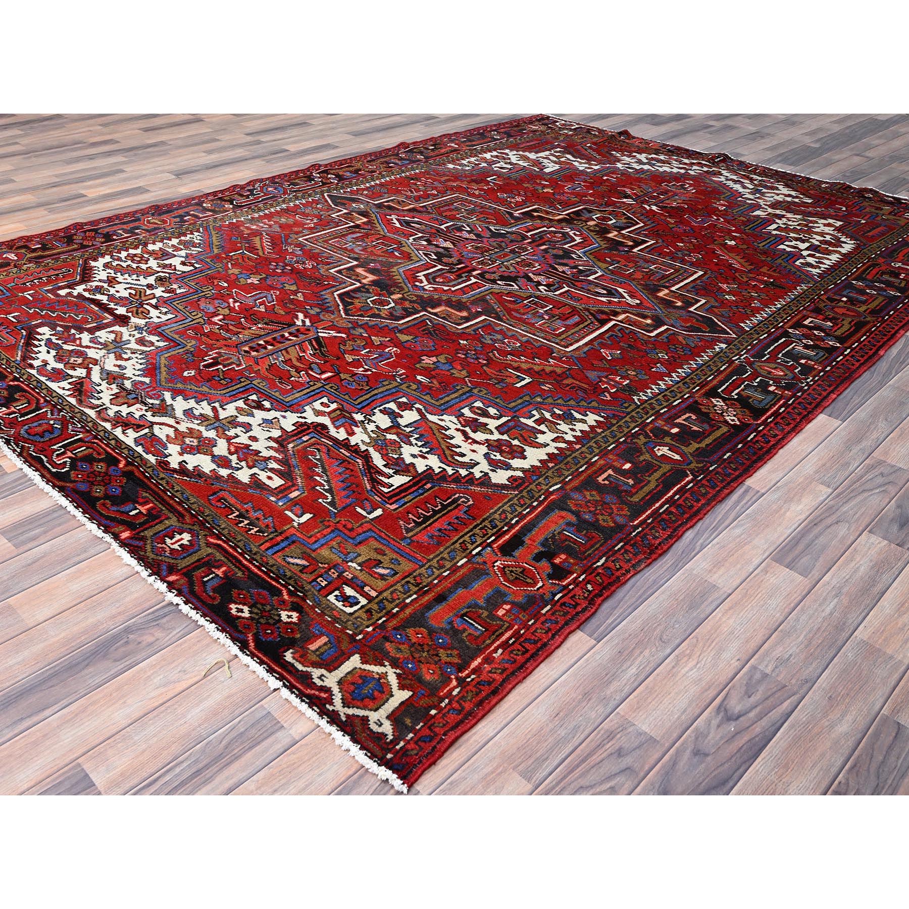 8'x11' Sox Red, Vintage and Semi Antique Persian Heriz With Geometric Pattern, Good Condition, Even Wear, Organic Wool, Hand Knotted, Sides and Ends Professionally Secured, Cleaned, Oriental Rug Sh85928