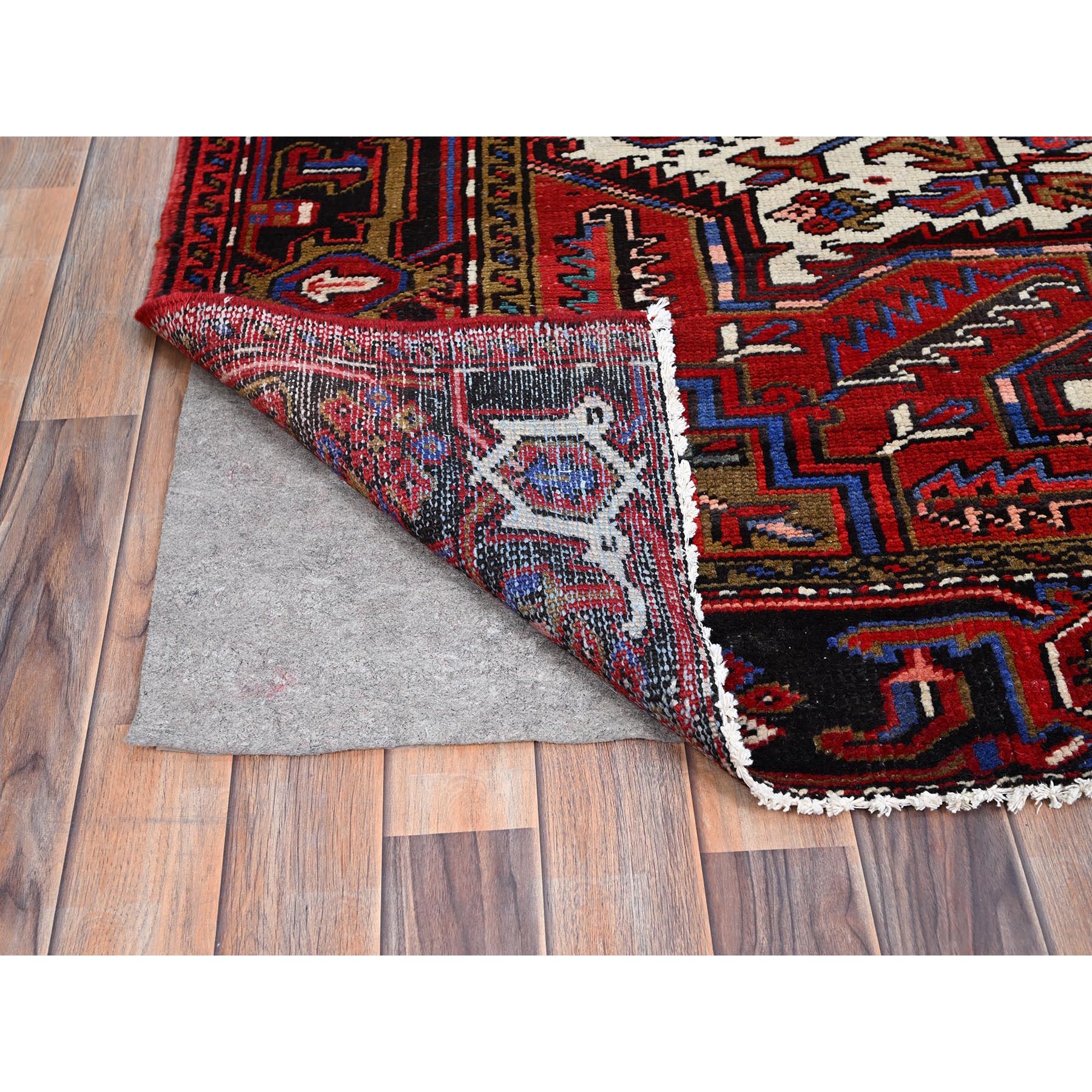 8'x11' Sox Red, Vintage and Semi Antique Persian Heriz With Geometric Pattern, Good Condition, Even Wear, Organic Wool, Hand Knotted, Sides and Ends Professionally Secured, Cleaned, Oriental Rug Sh85928