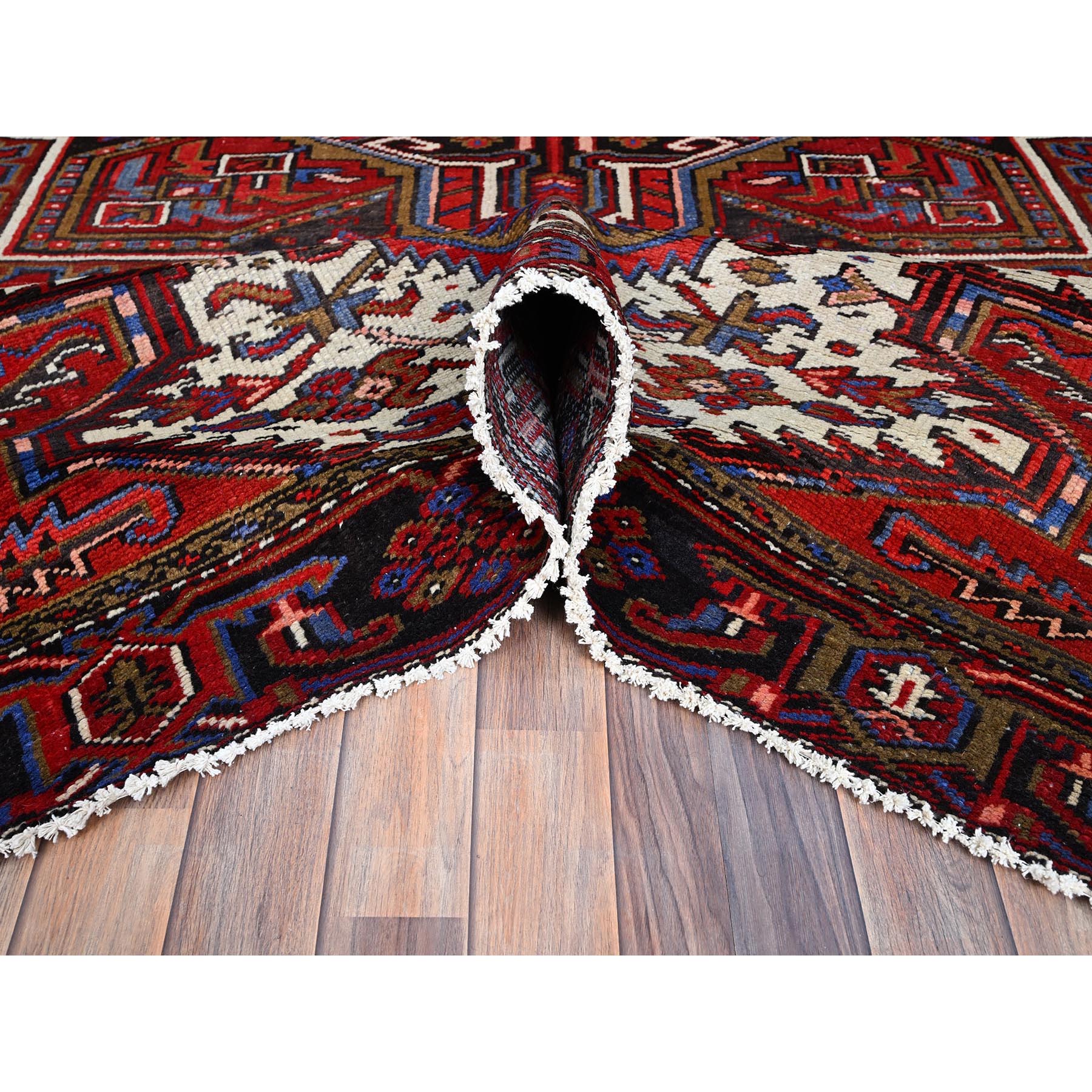 8'x11' Sox Red, Vintage and Semi Antique Persian Heriz With Geometric Pattern, Good Condition, Even Wear, Organic Wool, Hand Knotted, Sides and Ends Professionally Secured, Cleaned, Oriental Rug Sh85928