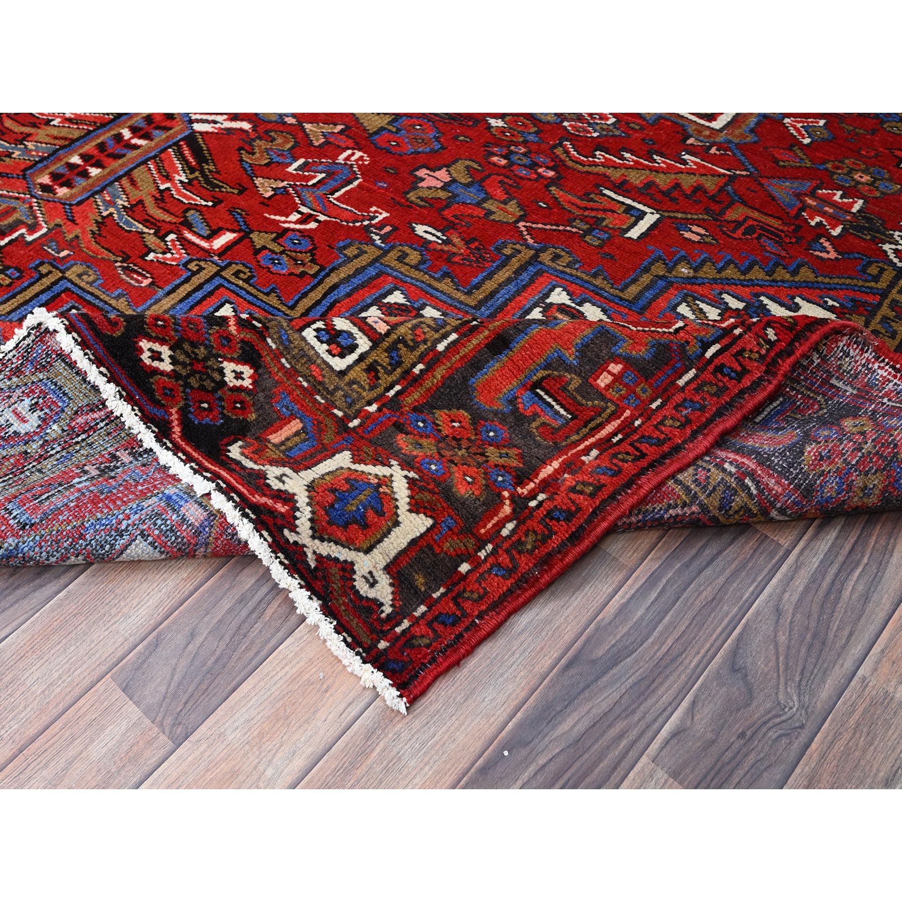 8'x11' Sox Red, Vintage and Semi Antique Persian Heriz With Geometric Pattern, Good Condition, Even Wear, Organic Wool, Hand Knotted, Sides and Ends Professionally Secured, Cleaned, Oriental Rug Sh85928