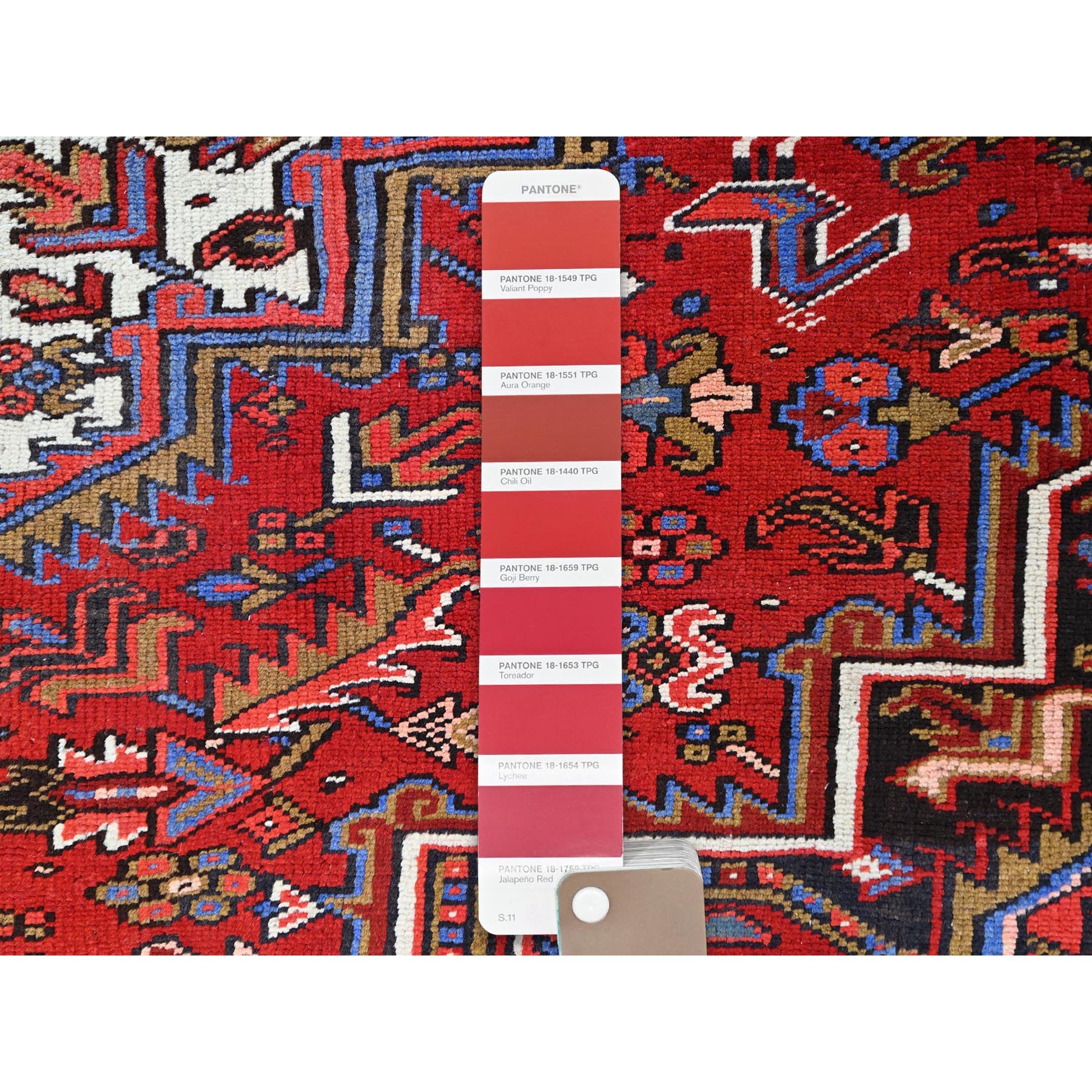 8'x11' Sox Red, Vintage and Semi Antique Persian Heriz With Geometric Pattern, Good Condition, Even Wear, Organic Wool, Hand Knotted, Sides and Ends Professionally Secured, Cleaned, Oriental Rug Sh85928