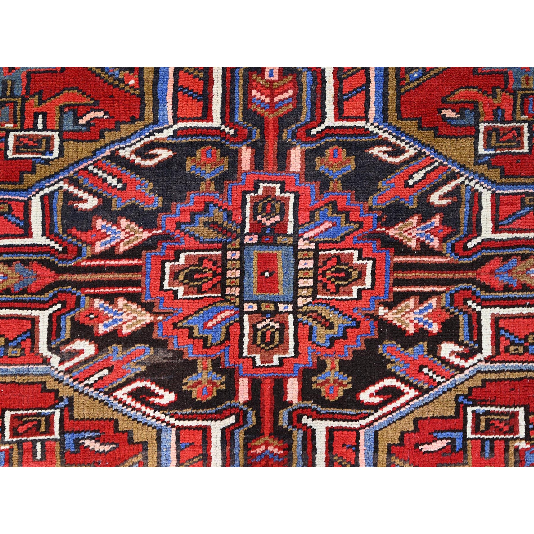 8'x11' Sox Red, Vintage and Semi Antique Persian Heriz With Geometric Pattern, Good Condition, Even Wear, Organic Wool, Hand Knotted, Sides and Ends Professionally Secured, Cleaned, Oriental Rug Sh85928