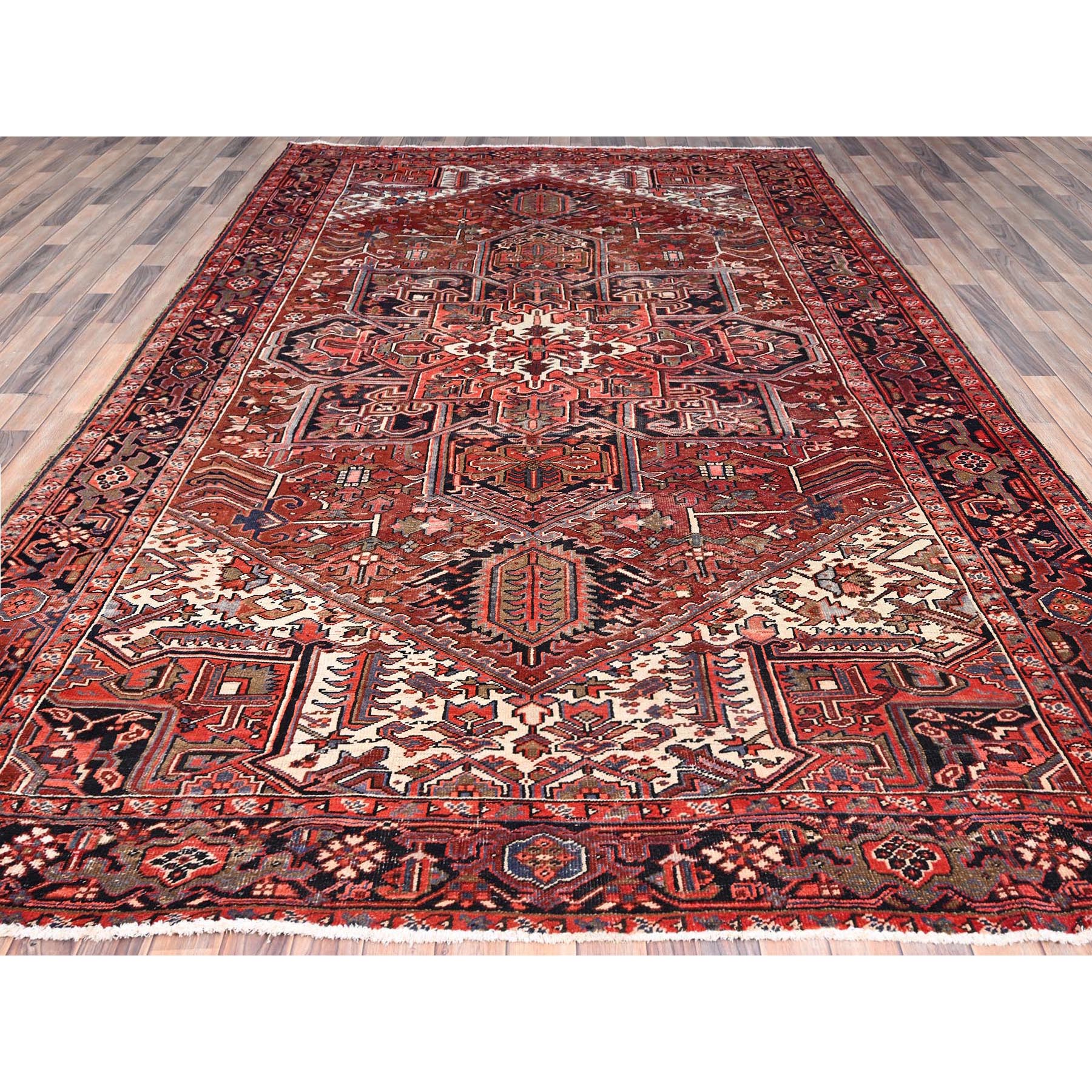 8'x12'2" Rosewood Red, 100% Wool, Hand Knotted, Semi Antique Persian Heriz, Evenly Worn, Professionally Clean, Sides and Ends Secured, Oriental Rug Sh85933