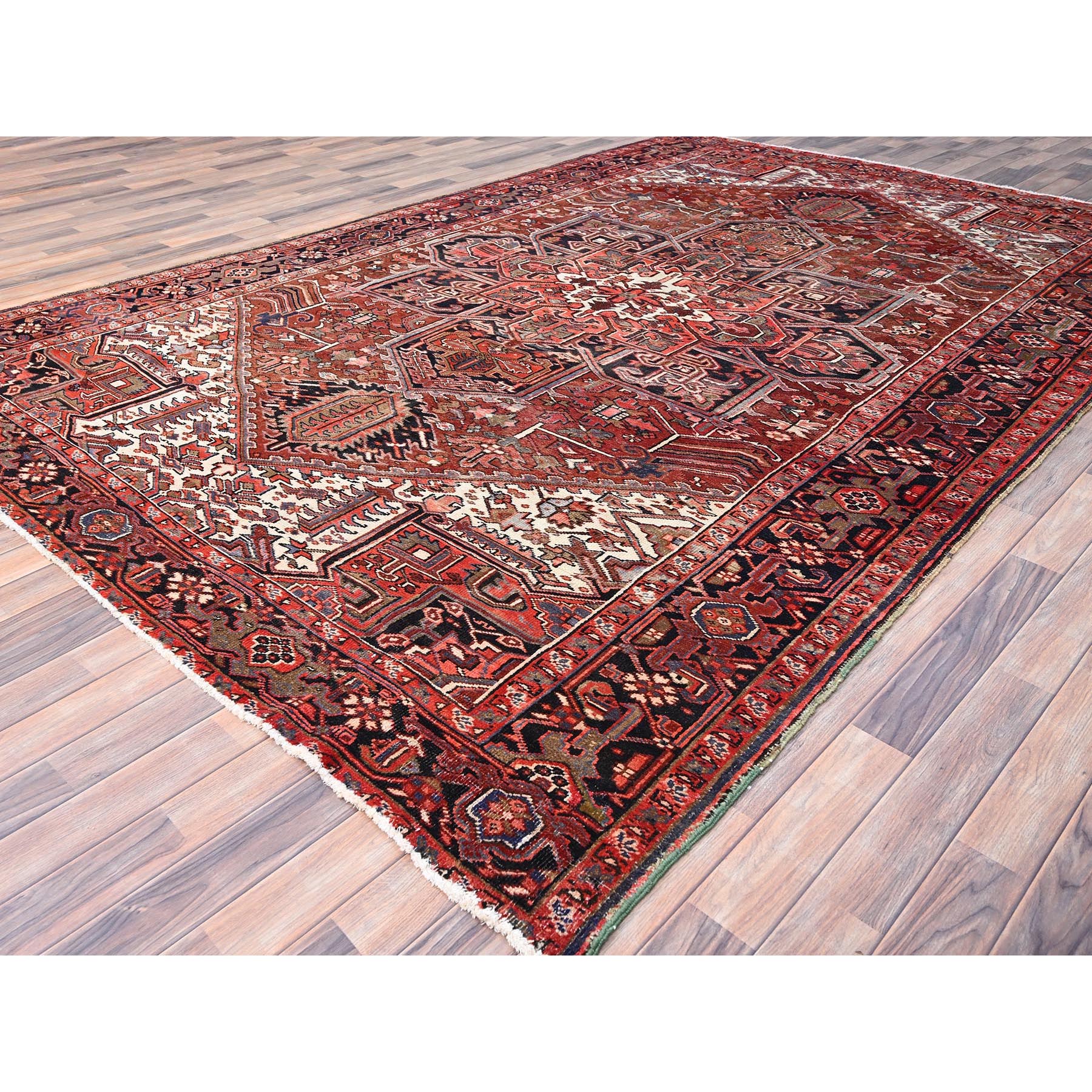 8'x12'2" Rosewood Red, 100% Wool, Hand Knotted, Semi Antique Persian Heriz, Evenly Worn, Professionally Clean, Sides and Ends Secured, Oriental Rug Sh85933
