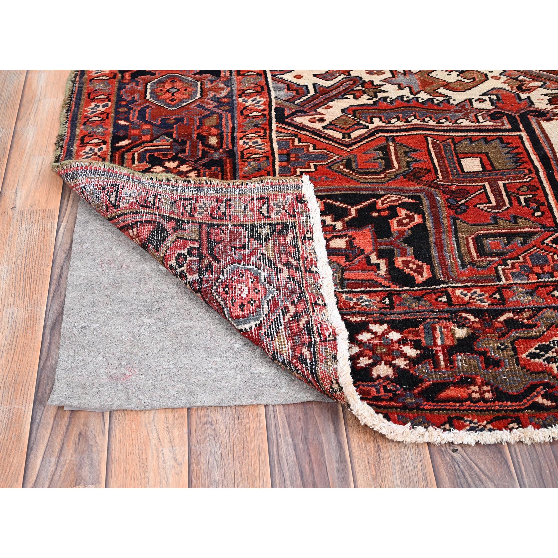 8'x12'2" Rosewood Red, 100% Wool, Hand Knotted, Semi Antique Persian Heriz, Evenly Worn, Professionally Clean, Sides and Ends Secured, Oriental Rug Sh85933