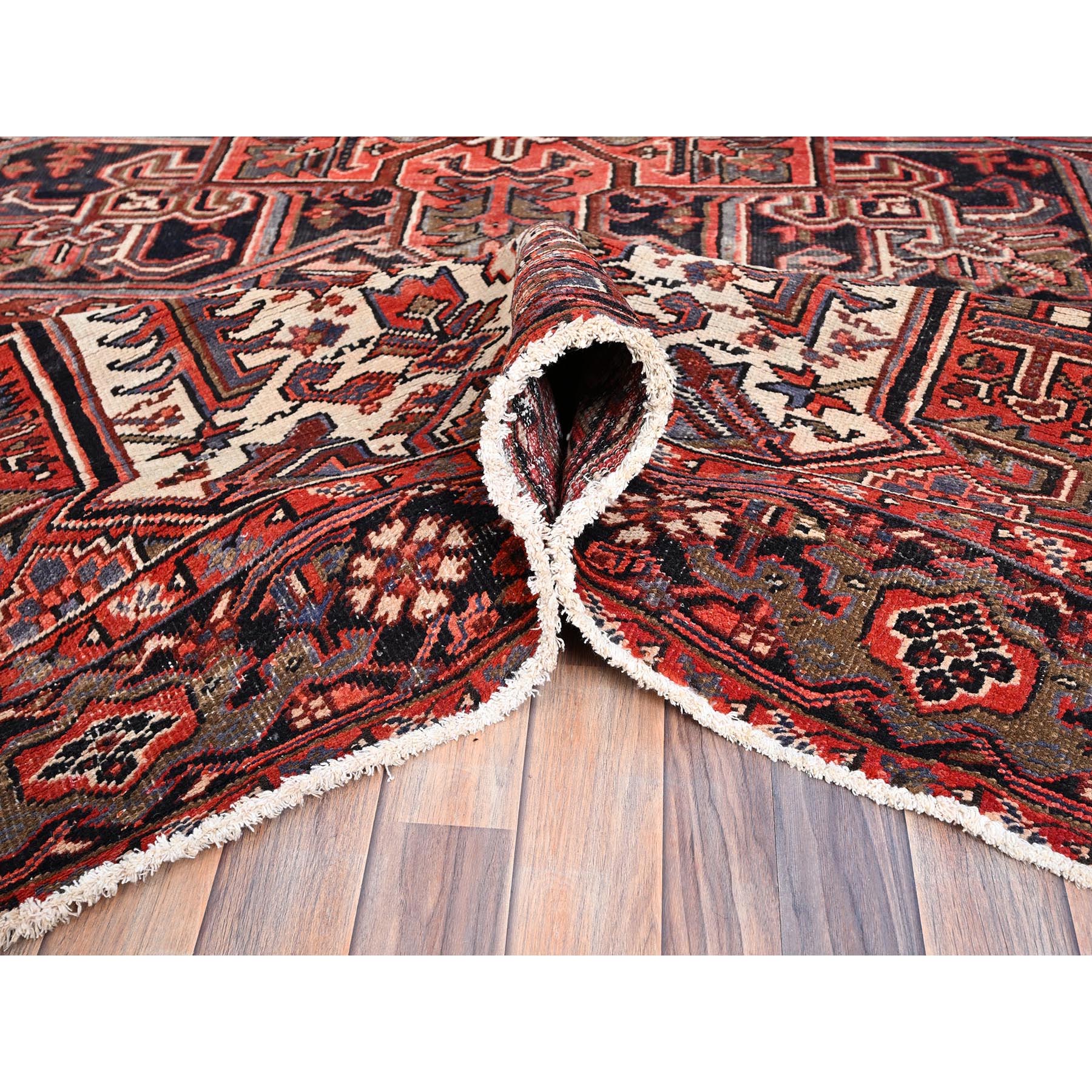 8'x12'2" Rosewood Red, 100% Wool, Hand Knotted, Semi Antique Persian Heriz, Evenly Worn, Professionally Clean, Sides and Ends Secured, Oriental Rug Sh85933
