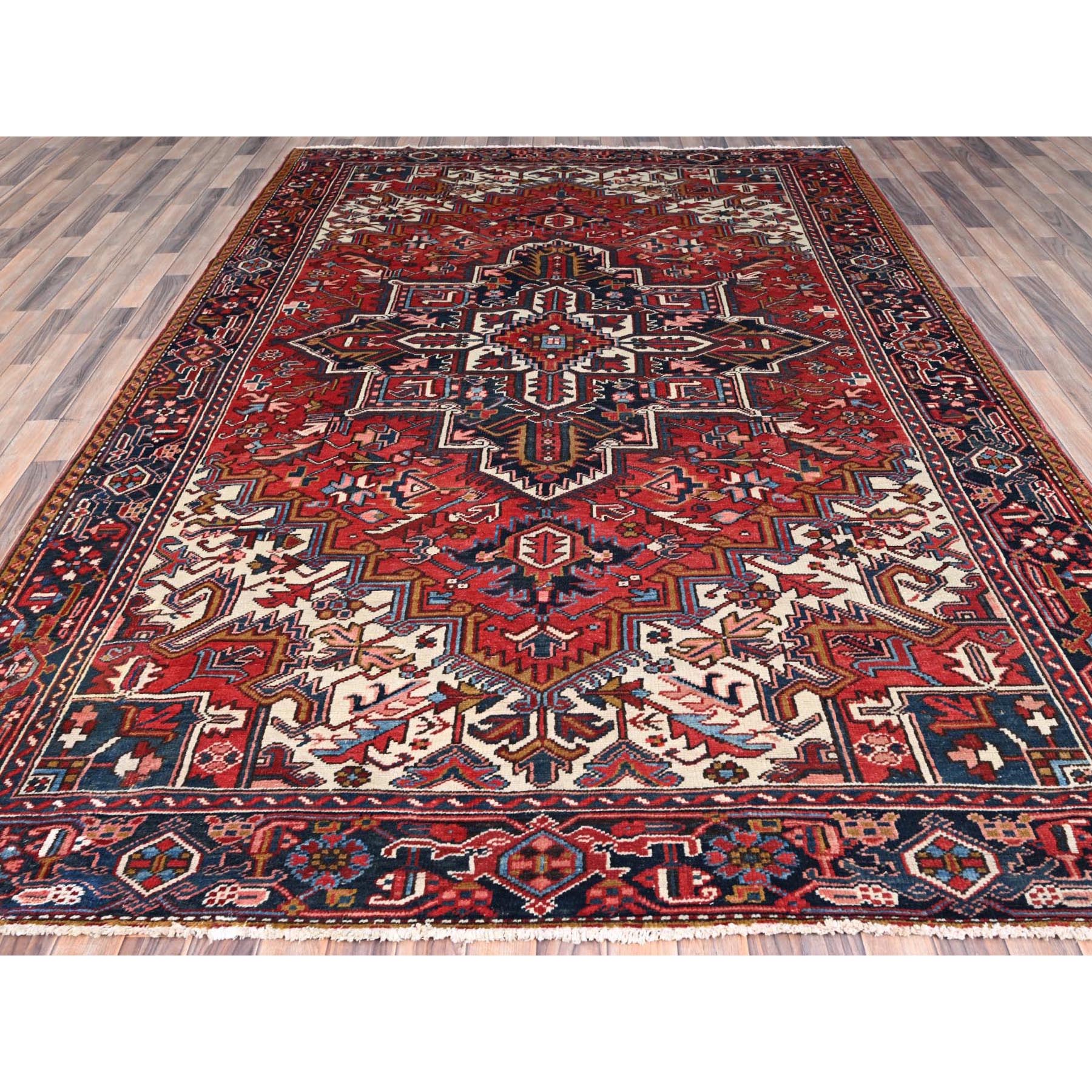 7'9"x11'1" Husker Red, Semi Antique Persian Heriz, Hand Knotted, Pure Wool, Great Condition, Sides and Ends Professionally Secured, Cleaned, Oriental Rug Sh85937