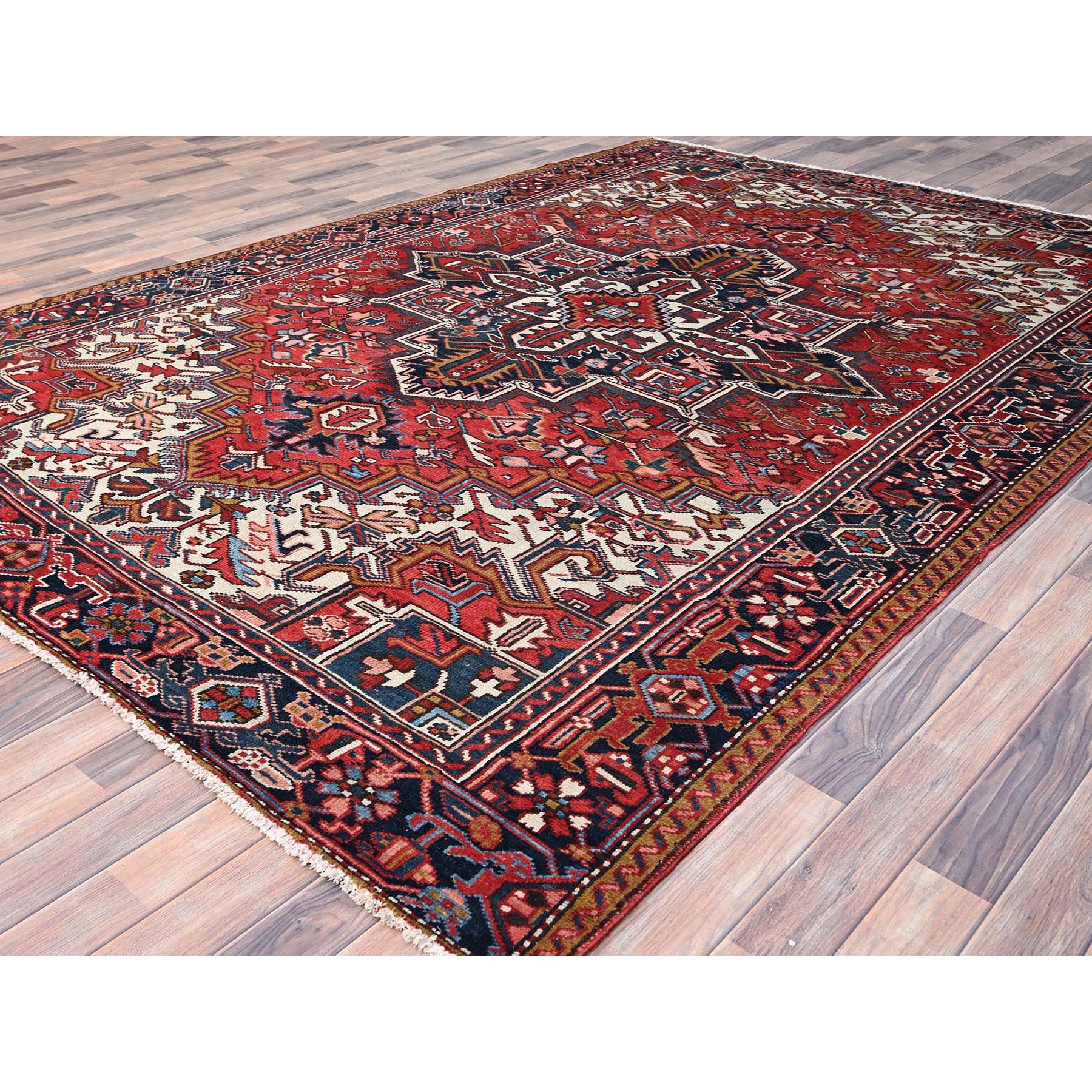 7'9"x11'1" Husker Red, Semi Antique Persian Heriz, Hand Knotted, Pure Wool, Great Condition, Sides and Ends Professionally Secured, Cleaned, Oriental Rug Sh85937