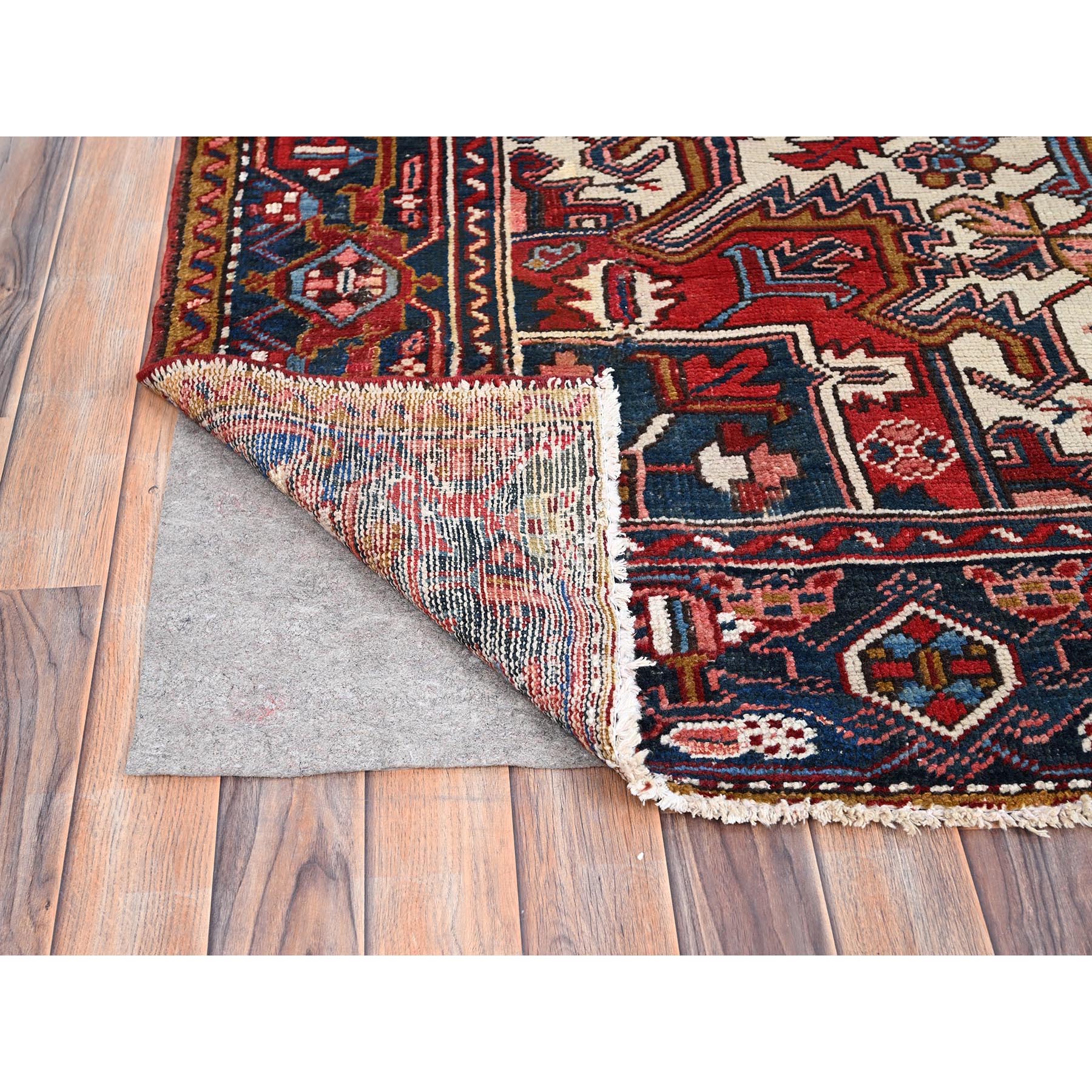 7'9"x11'1" Husker Red, Semi Antique Persian Heriz, Hand Knotted, Pure Wool, Great Condition, Sides and Ends Professionally Secured, Cleaned, Oriental Rug Sh85937