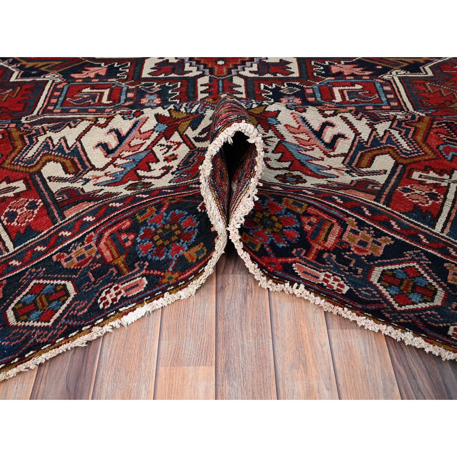 7'9"x11'1" Husker Red, Semi Antique Persian Heriz, Hand Knotted, Pure Wool, Great Condition, Sides and Ends Professionally Secured, Cleaned, Oriental Rug Sh85937