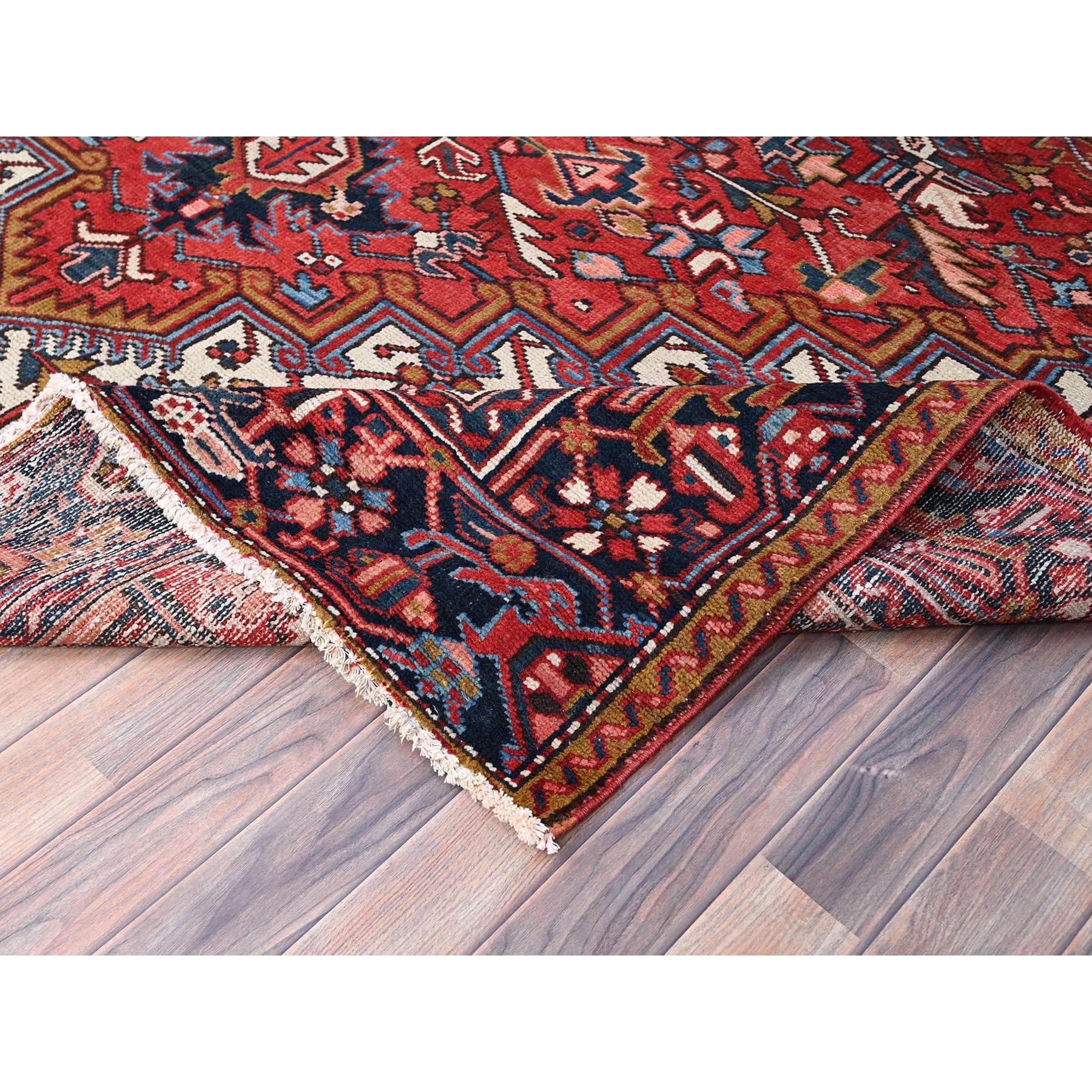 7'9"x11'1" Husker Red, Semi Antique Persian Heriz, Hand Knotted, Pure Wool, Great Condition, Sides and Ends Professionally Secured, Cleaned, Oriental Rug Sh85937