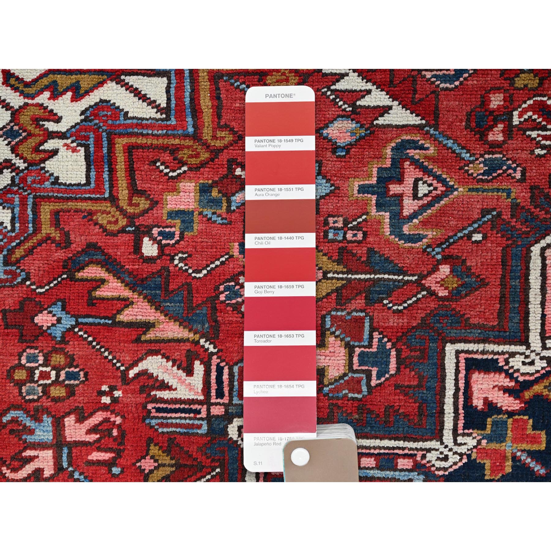 7'9"x11'1" Husker Red, Semi Antique Persian Heriz, Hand Knotted, Pure Wool, Great Condition, Sides and Ends Professionally Secured, Cleaned, Oriental Rug Sh85937