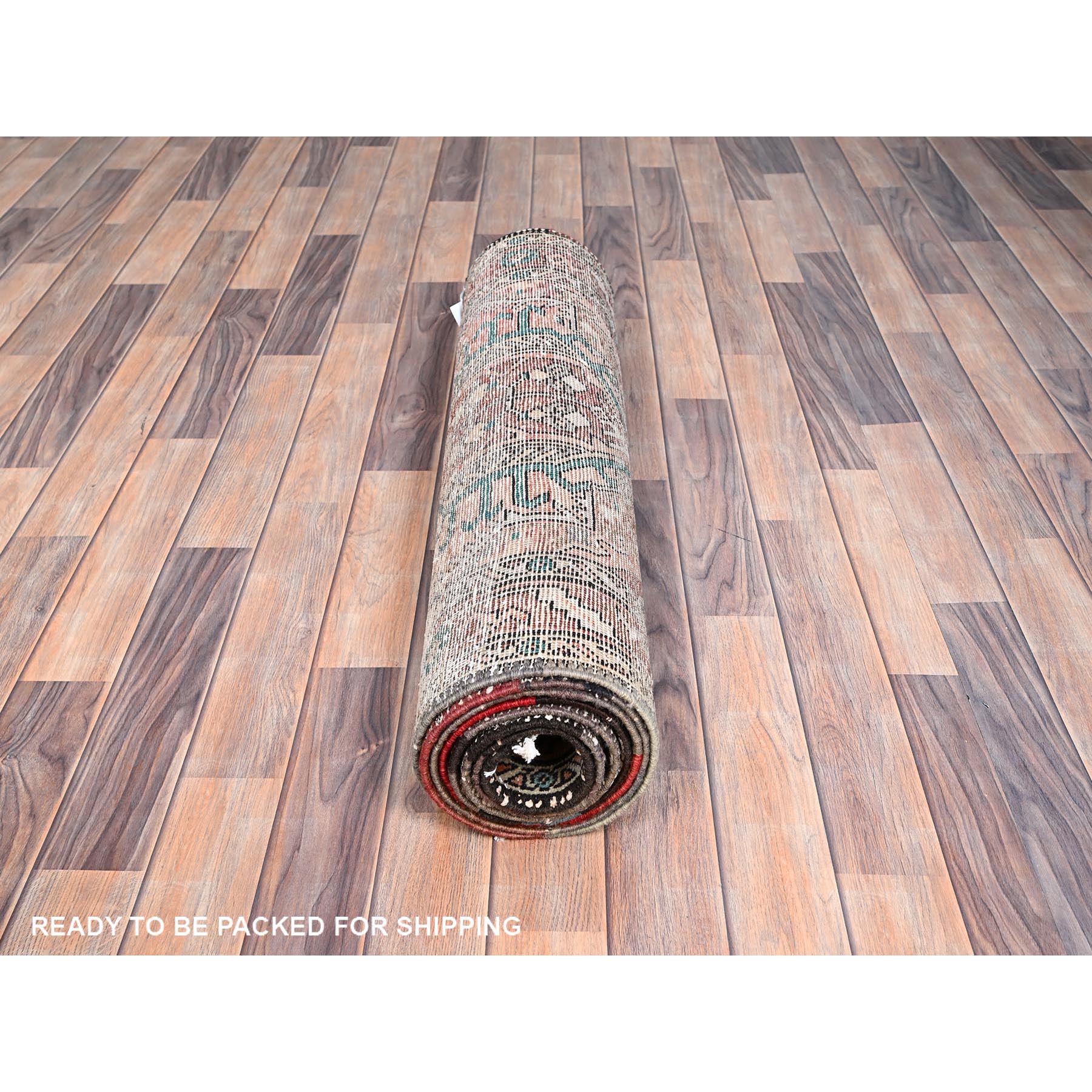 3'2"x10'9" Fenugreek with Beaver Brown, Abrash Vintage Persian with Karajeh and Medallion Design, Clean, Hand Knotted Organic Wool, Distressed Excellent Condition Runner, Oriental Rug Sh85945