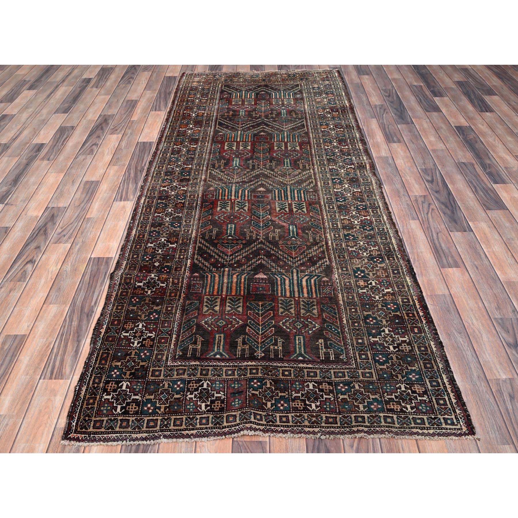 3'7"x9' French Roast Brown, Evenly Worn Distressed Vintage Persian and Baluch Village Design, Cropped Thin Excellent Condition, Soft and Shiny Wool, Hand Knotted, Sides and Ends Professionally Secured, Cleaned, Oriental Wide Runner Rug Sh85946