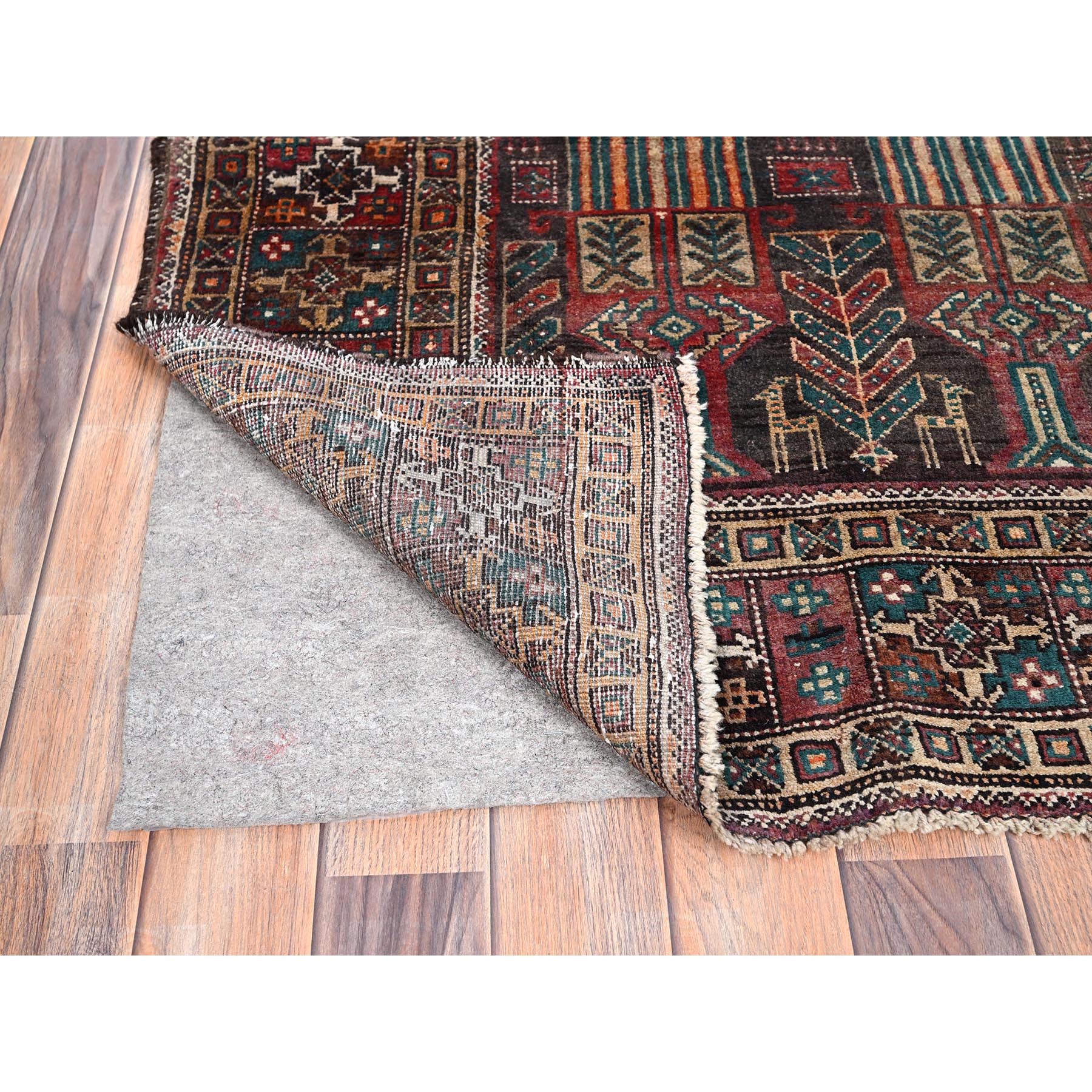 3'7"x9' French Roast Brown, Evenly Worn Distressed Vintage Persian and Baluch Village Design, Cropped Thin Excellent Condition, Soft and Shiny Wool, Hand Knotted, Sides and Ends Professionally Secured, Cleaned, Oriental Wide Runner Rug Sh85946
