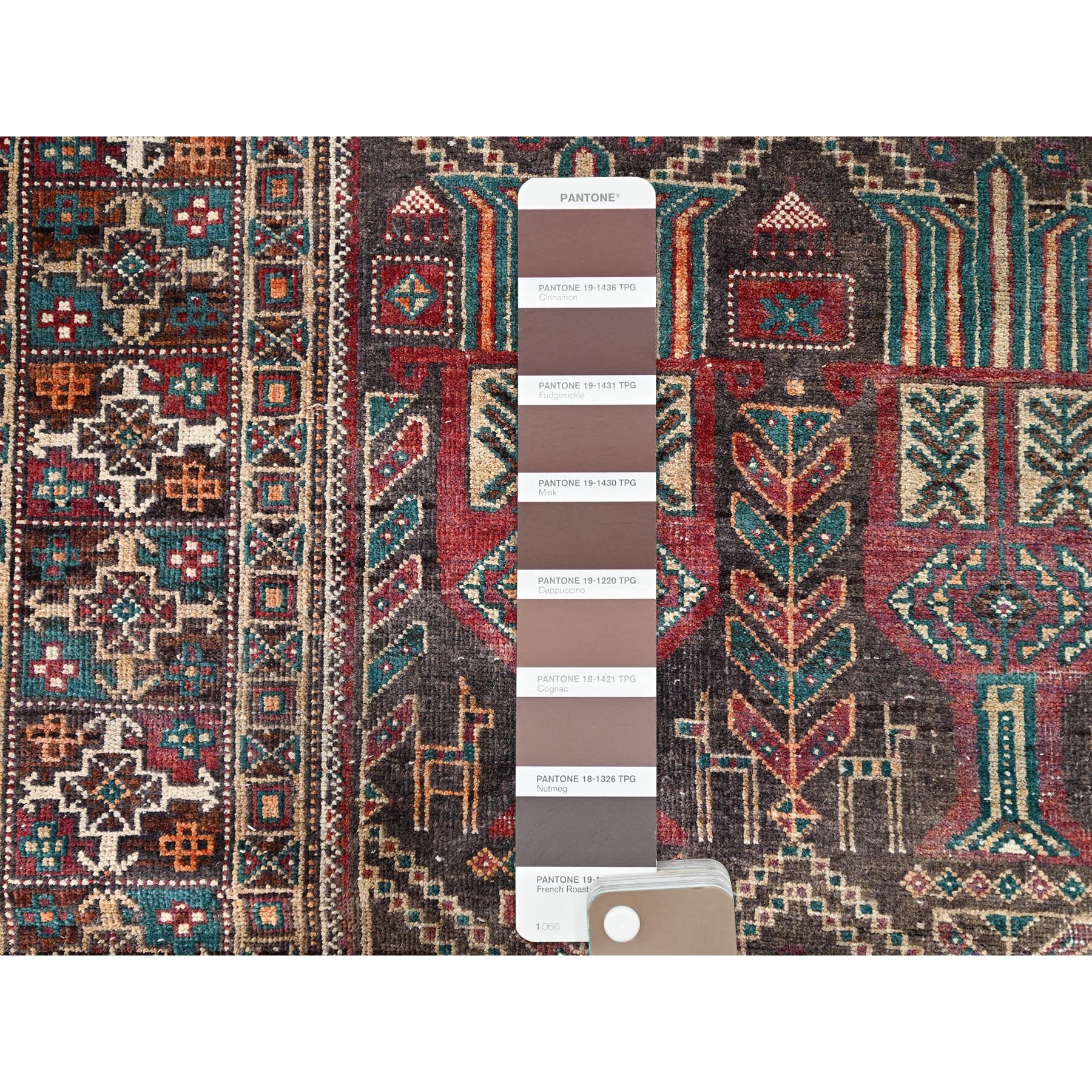 3'7"x9' French Roast Brown, Evenly Worn Distressed Vintage Persian and Baluch Village Design, Cropped Thin Excellent Condition, Soft and Shiny Wool, Hand Knotted, Sides and Ends Professionally Secured, Cleaned, Oriental Wide Runner Rug Sh85946