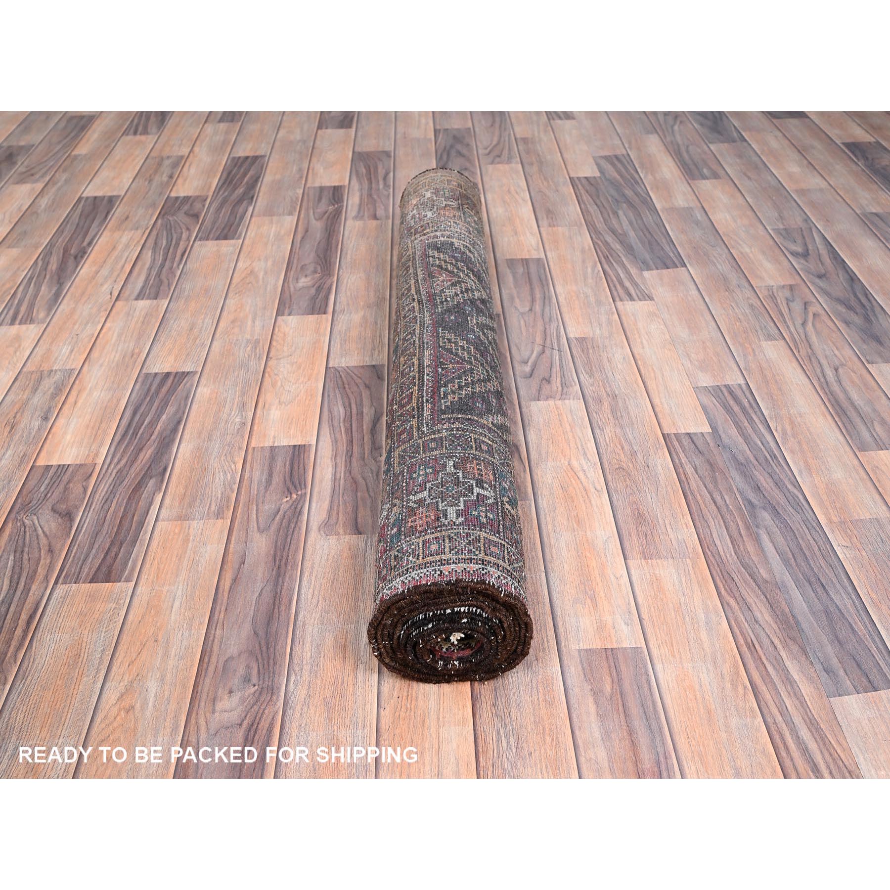 3'7"x9' French Roast Brown, Evenly Worn Distressed Vintage Persian and Baluch Village Design, Cropped Thin Excellent Condition, Soft and Shiny Wool, Hand Knotted, Sides and Ends Professionally Secured, Cleaned, Oriental Wide Runner Rug Sh85946
