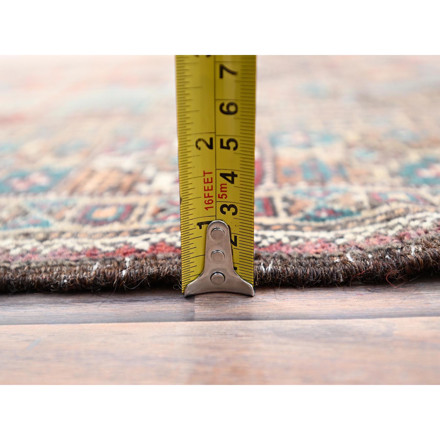 3'7"x9' French Roast Brown, Evenly Worn Distressed Vintage Persian and Baluch Village Design, Cropped Thin Excellent Condition, Soft and Shiny Wool, Hand Knotted, Sides and Ends Professionally Secured, Cleaned, Oriental Wide Runner Rug Sh85946