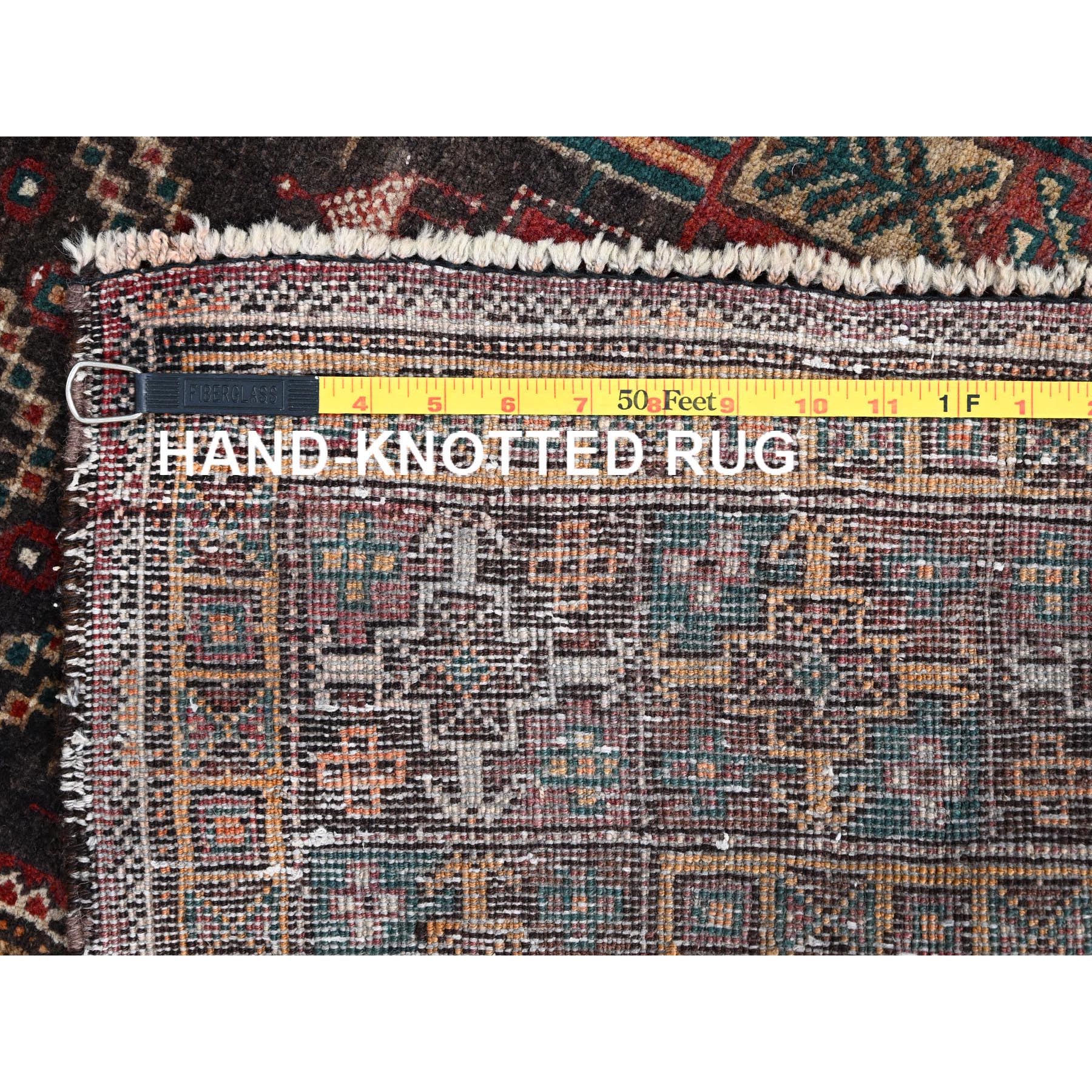 3'7"x9' French Roast Brown, Evenly Worn Distressed Vintage Persian and Baluch Village Design, Cropped Thin Excellent Condition, Soft and Shiny Wool, Hand Knotted, Sides and Ends Professionally Secured, Cleaned, Oriental Wide Runner Rug Sh85946