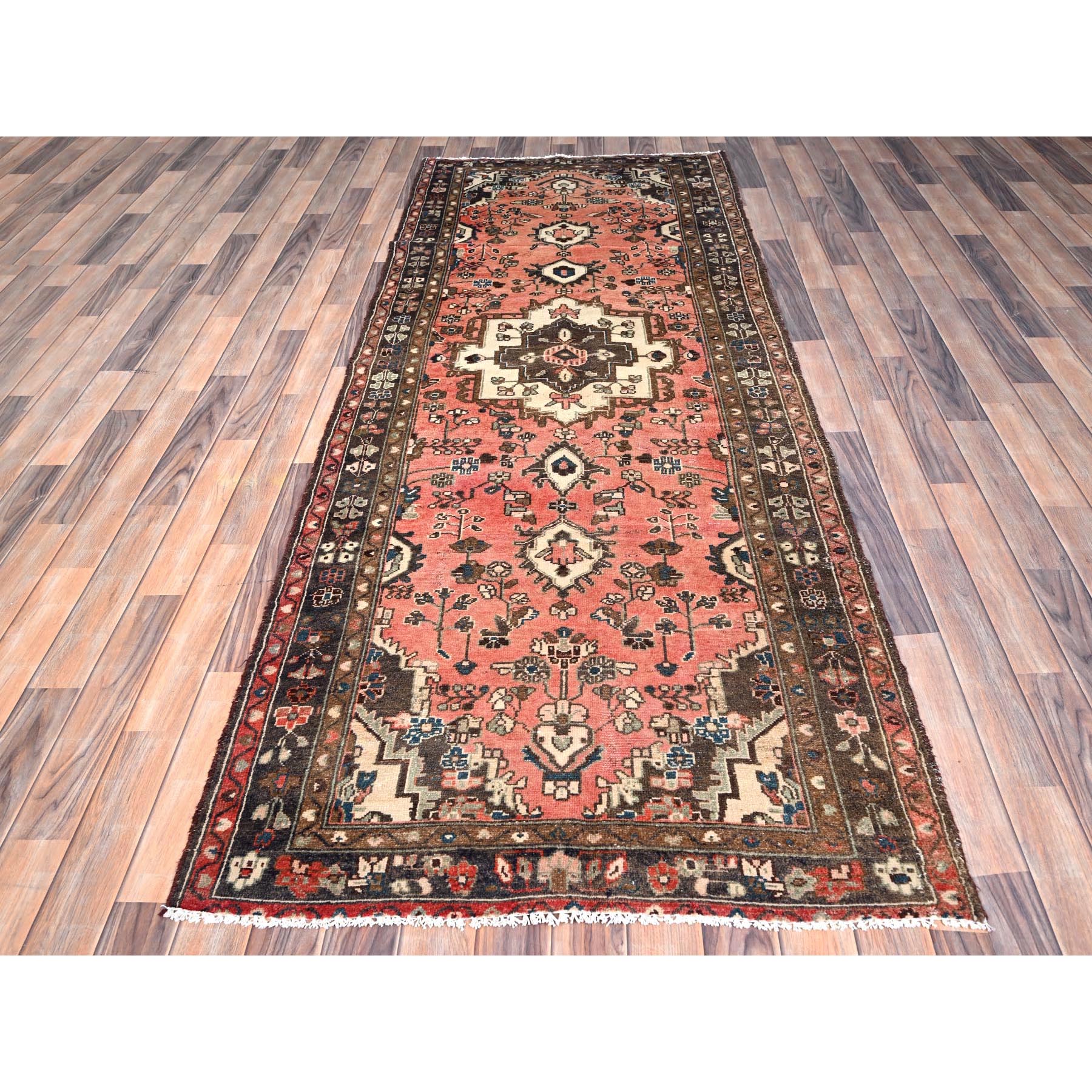 3'7"x9'2" Dusted Clay Pink, Abrash Vintage Persian  Hamadan Cropped Thin, Hand Knotted Soft Wool, Cleaned, Sides and Ends Secured, Wide Runner Oriental Evenly Worn Rug Sh85970