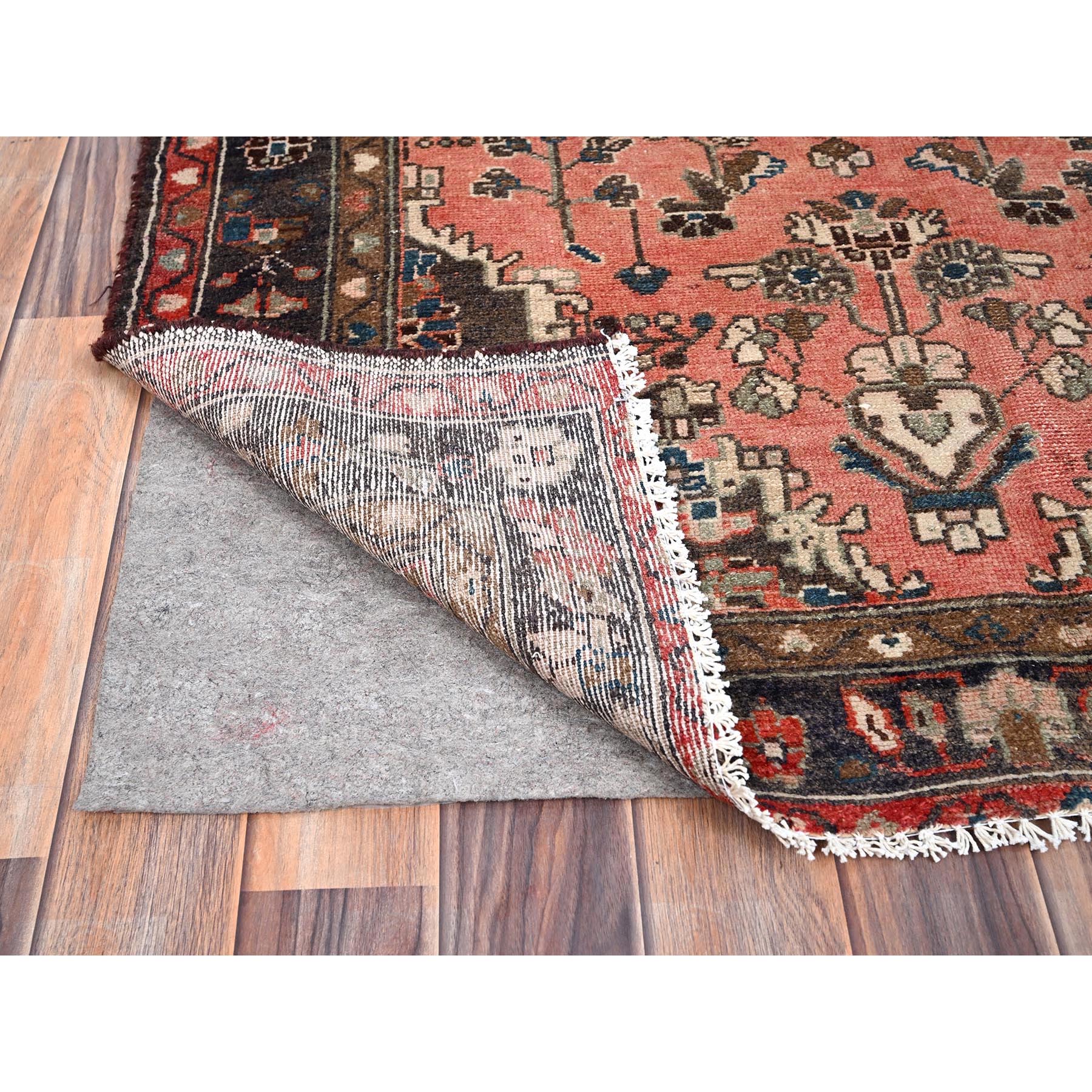 3'7"x9'2" Dusted Clay Pink, Abrash Vintage Persian  Hamadan Cropped Thin, Hand Knotted Soft Wool, Cleaned, Sides and Ends Secured, Wide Runner Oriental Evenly Worn Rug Sh85970
