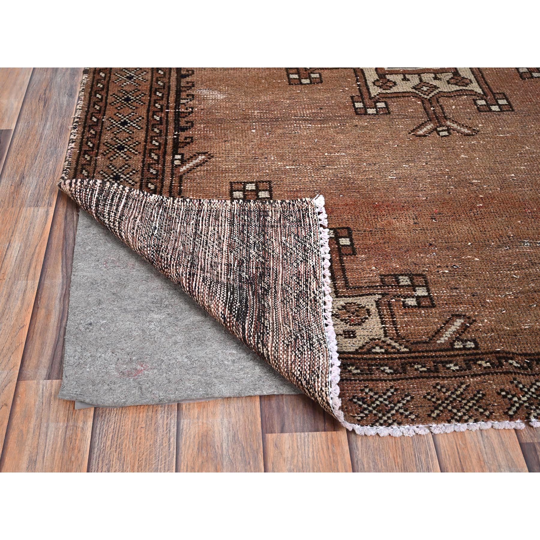 4'2"x6' Friar Brown, Vintage Distressed Persian Gabbeh and Good Condition, Evenly Worn Pure Wool Hand Knotted Cleaned and Sides and Ends Professionally Secured, Oriental Rug Sh85972