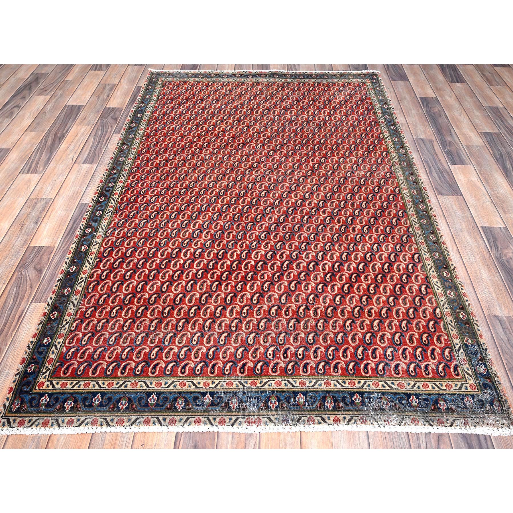 4'1"x6'7" Crimson Red, Vintage Persian Senneh Soft Wool Distressed Look Full Pile With All Over Botteh Paisely Designed and Good Condition Hand Knotted Evenly Worn, Sheared Low Wide Runner Oriental Rug Sh85976