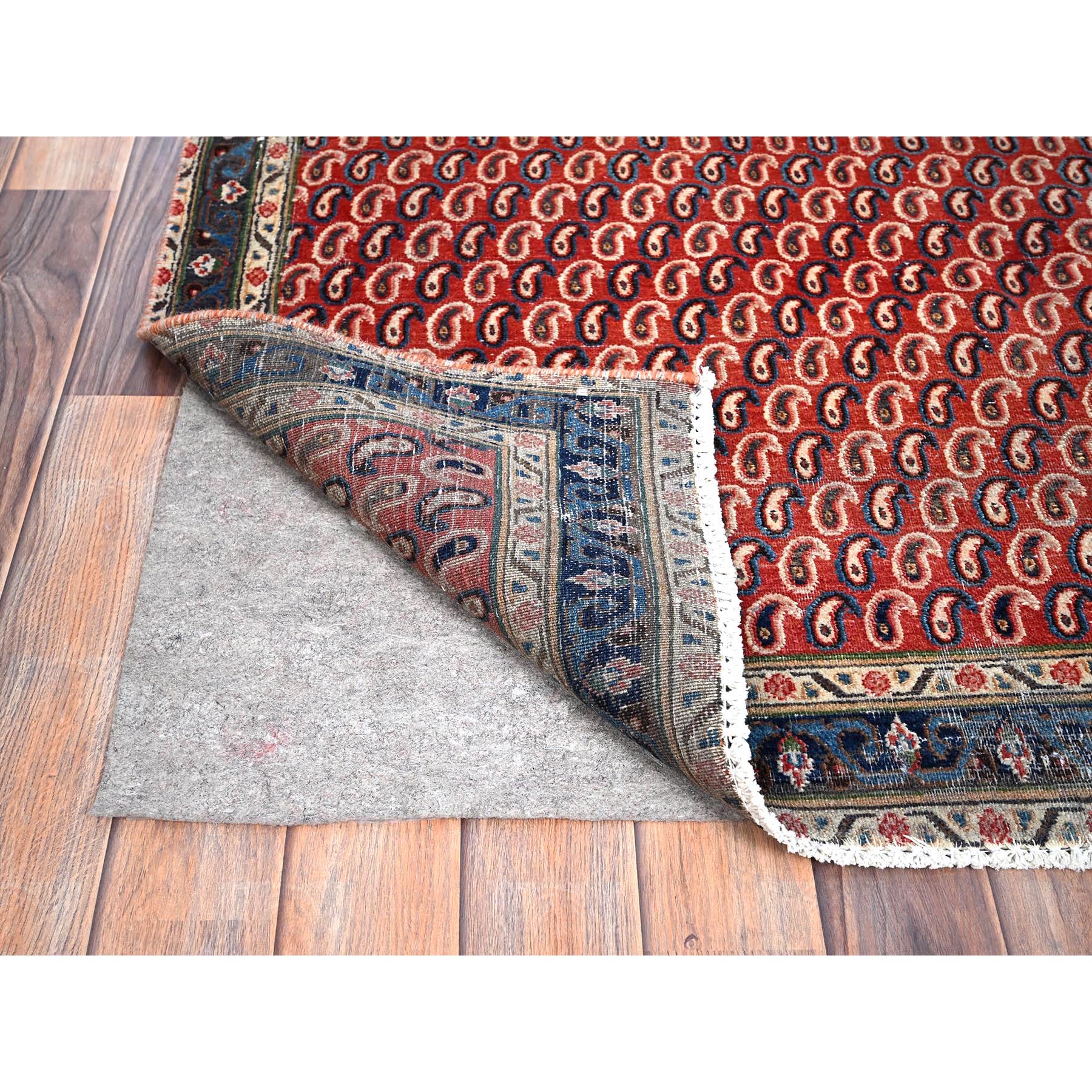 4'1"x6'7" Crimson Red, Vintage Persian Senneh Soft Wool Distressed Look Full Pile With All Over Botteh Paisely Designed and Good Condition Hand Knotted Evenly Worn, Sheared Low Wide Runner Oriental Rug Sh85976