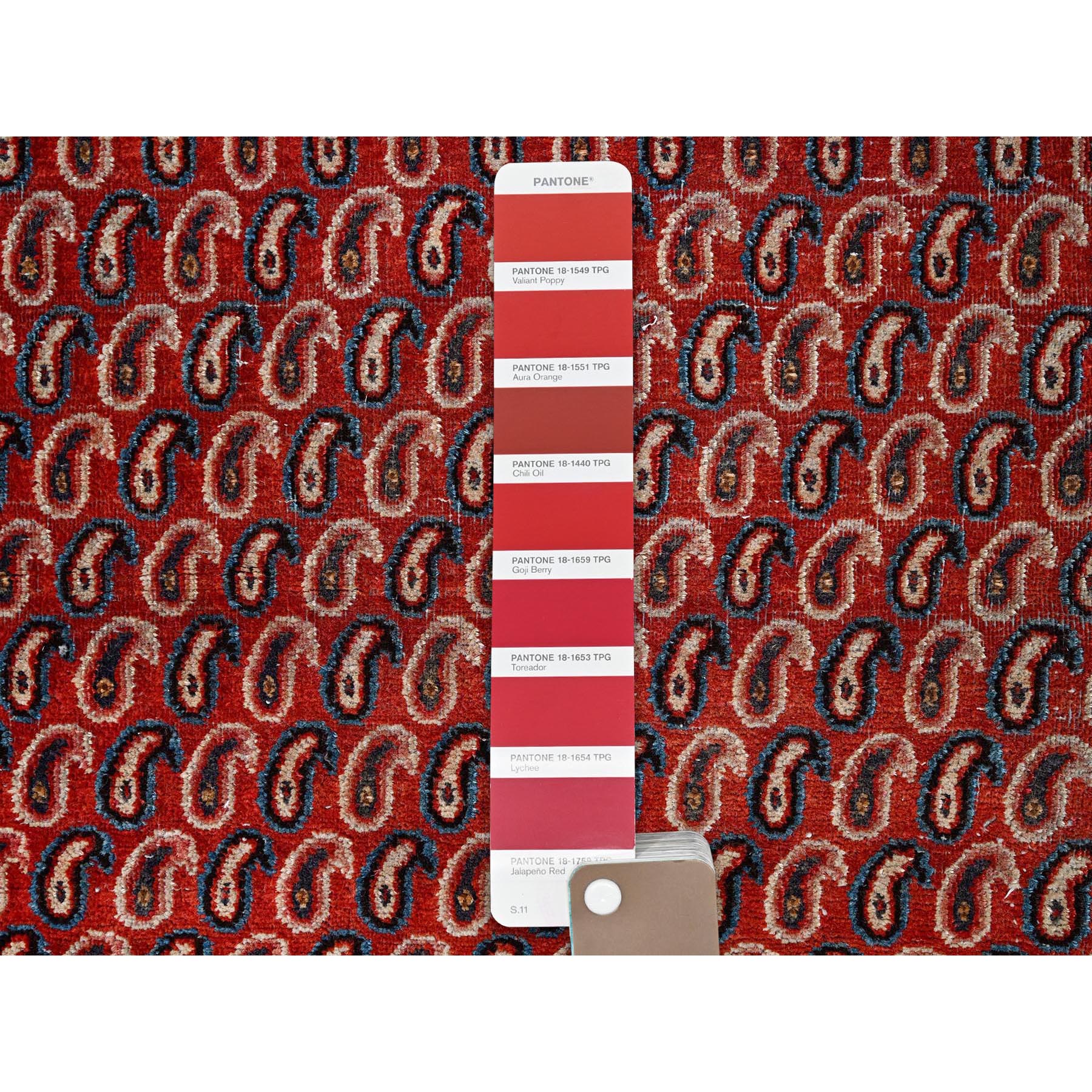 4'1"x6'7" Crimson Red, Vintage Persian Senneh Soft Wool Distressed Look Full Pile With All Over Botteh Paisely Designed and Good Condition Hand Knotted Evenly Worn, Sheared Low Wide Runner Oriental Rug Sh85976