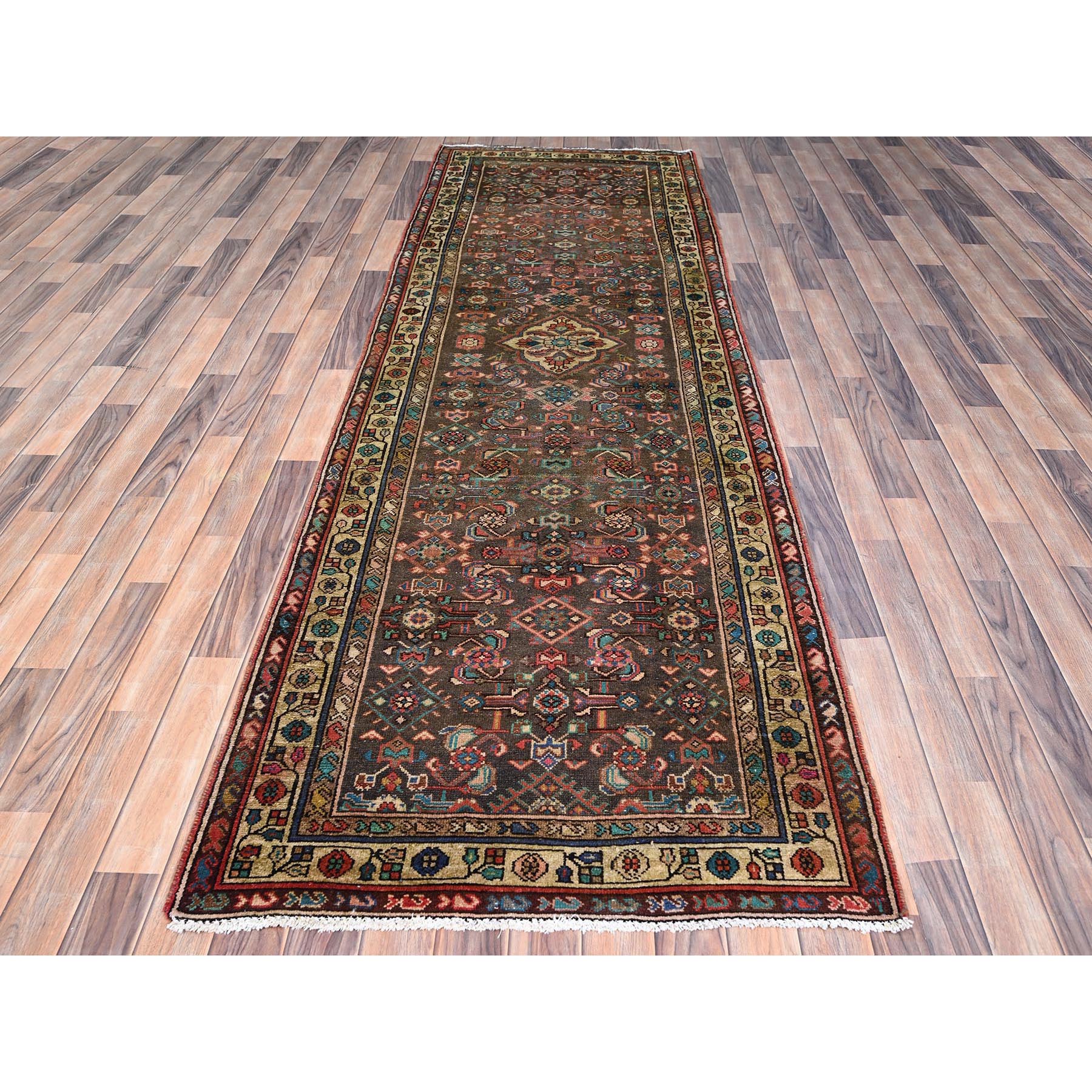 3'5"x10'4" Monk's Broke Brown, Evenly Worn, Cropped Thin, Semi Antique Persian Hamadan Hand Knotted Distressed, Natural Wool, Cleaned, Sides and Ends Secured, Wide and Long Runner Good Condition Abrash Oriental Rug Sh85985