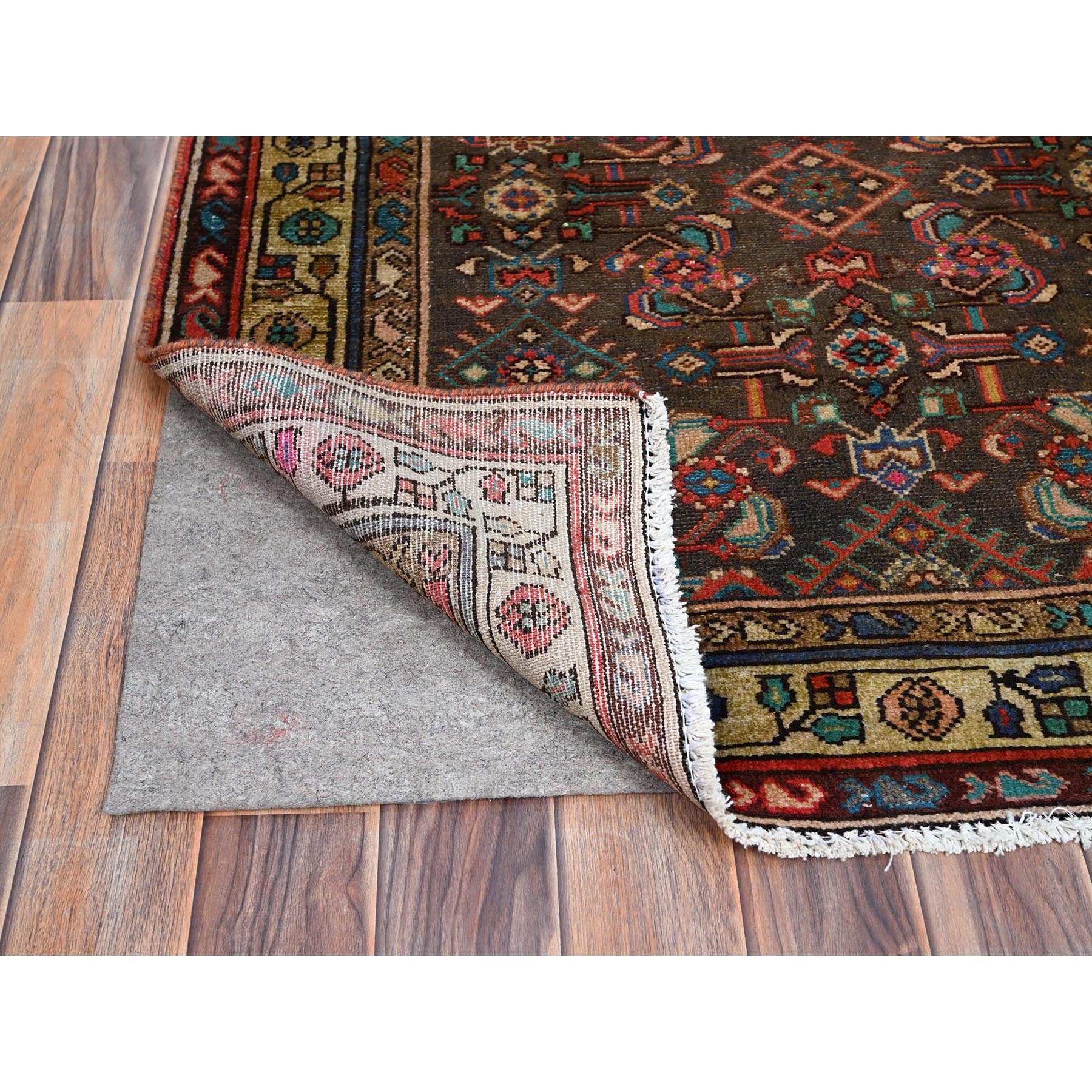 3'5"x10'4" Monk's Broke Brown, Evenly Worn, Cropped Thin, Semi Antique Persian Hamadan Hand Knotted Distressed, Natural Wool, Cleaned, Sides and Ends Secured, Wide and Long Runner Good Condition Abrash Oriental Rug Sh85985