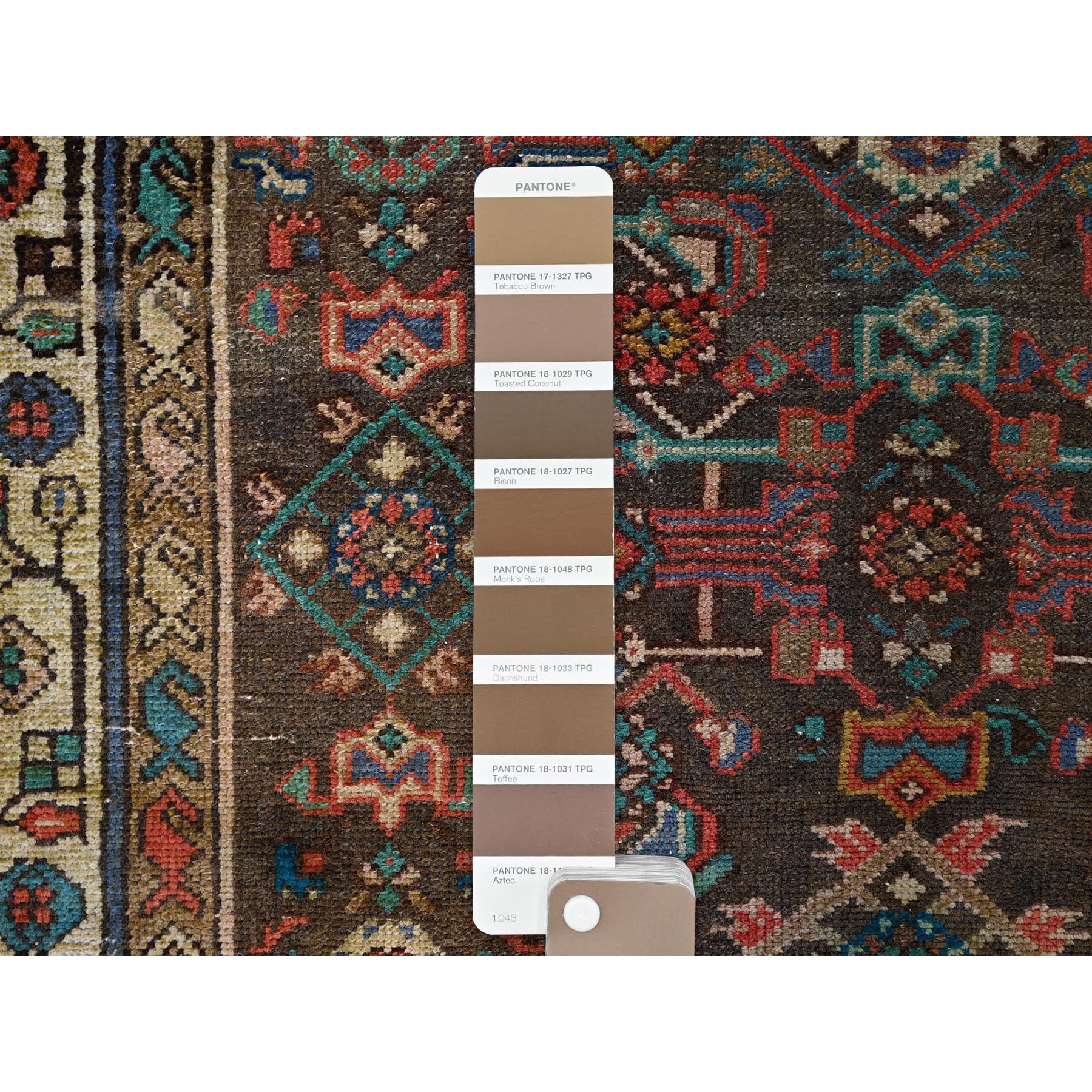 3'5"x10'4" Monk's Broke Brown, Evenly Worn, Cropped Thin, Semi Antique Persian Hamadan Hand Knotted Distressed, Natural Wool, Cleaned, Sides and Ends Secured, Wide and Long Runner Good Condition Abrash Oriental Rug Sh85985