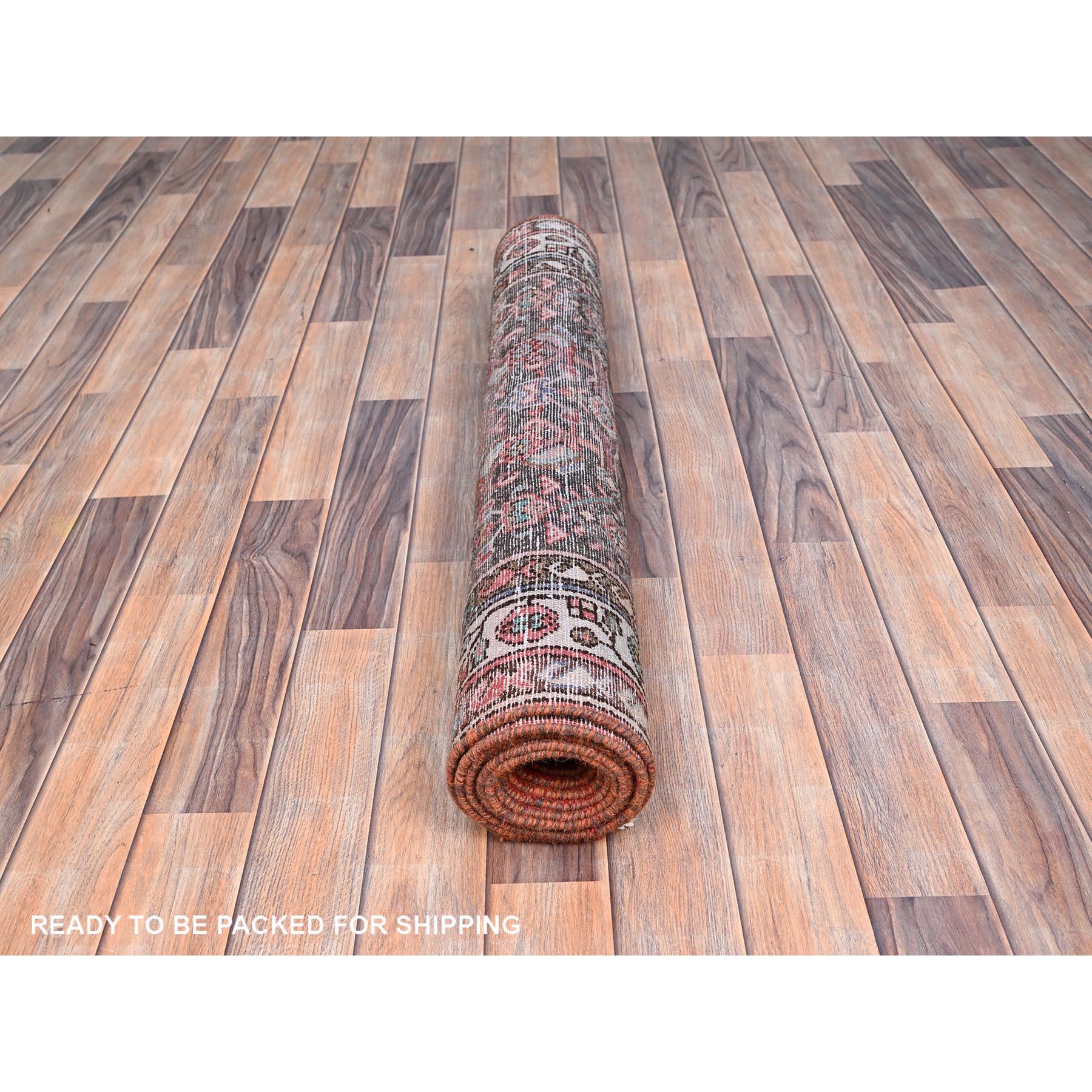 3'5"x10'4" Monk's Broke Brown, Evenly Worn, Cropped Thin, Semi Antique Persian Hamadan Hand Knotted Distressed, Natural Wool, Cleaned, Sides and Ends Secured, Wide and Long Runner Good Condition Abrash Oriental Rug Sh85985