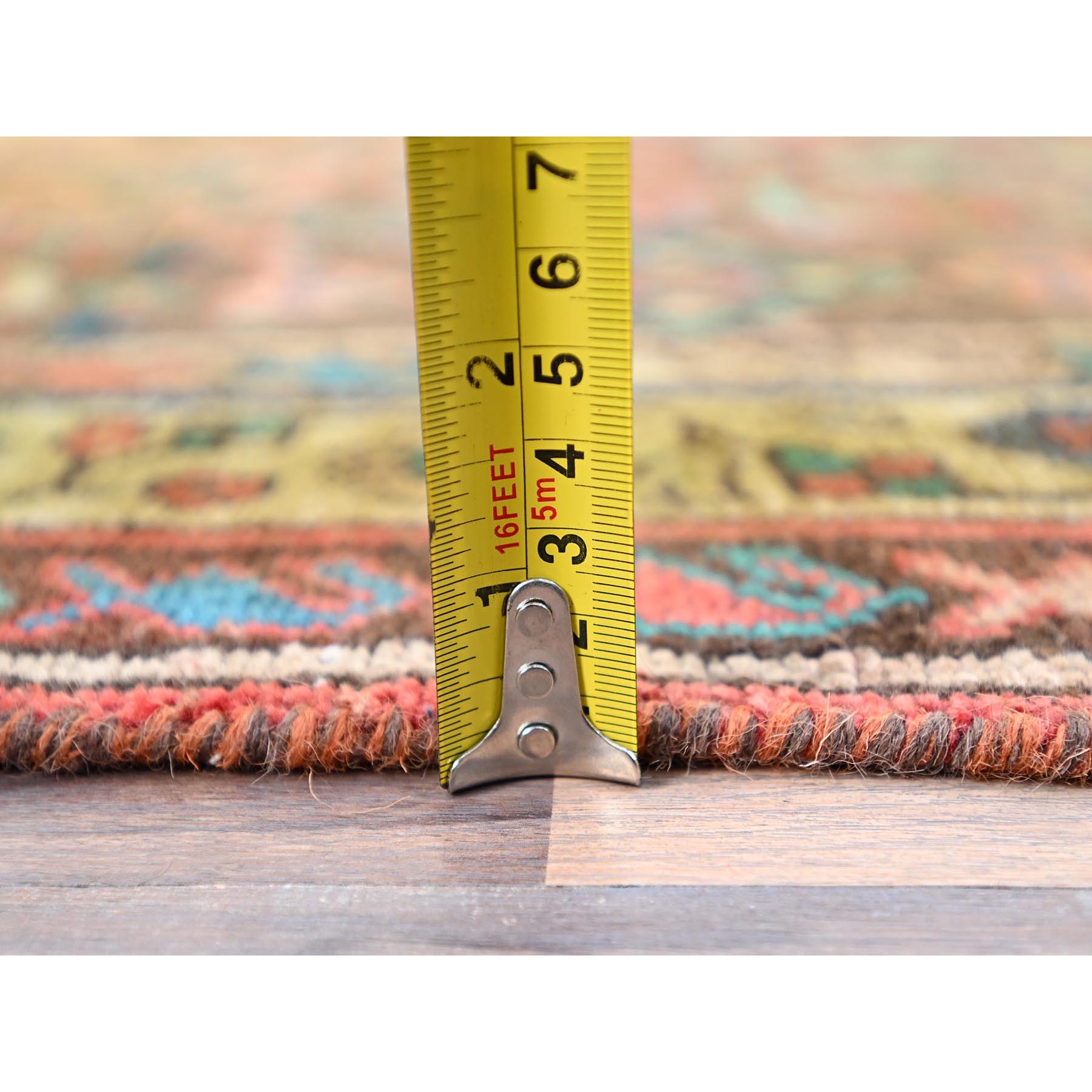 3'5"x10'4" Monk's Broke Brown, Evenly Worn, Cropped Thin, Semi Antique Persian Hamadan Hand Knotted Distressed, Natural Wool, Cleaned, Sides and Ends Secured, Wide and Long Runner Good Condition Abrash Oriental Rug Sh85985