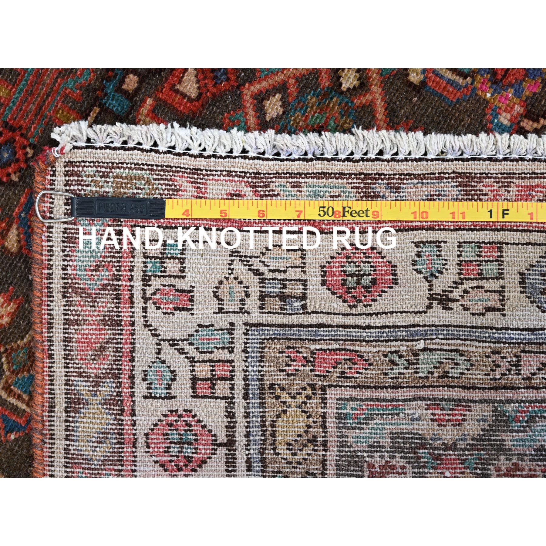 3'5"x10'4" Monk's Broke Brown, Evenly Worn, Cropped Thin, Semi Antique Persian Hamadan Hand Knotted Distressed, Natural Wool, Cleaned, Sides and Ends Secured, Wide and Long Runner Good Condition Abrash Oriental Rug Sh85985